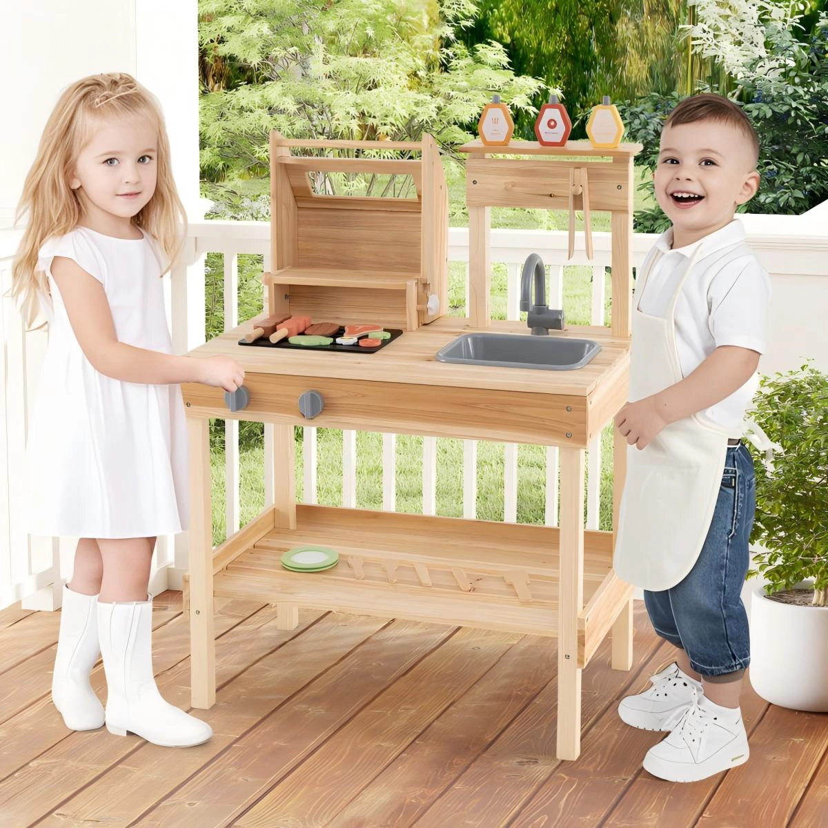 SUGIFT Kids Wooden Barbecue Grill Playset with 25 Play Food and BBQ Accessories Open Shelves and Lid Stopper