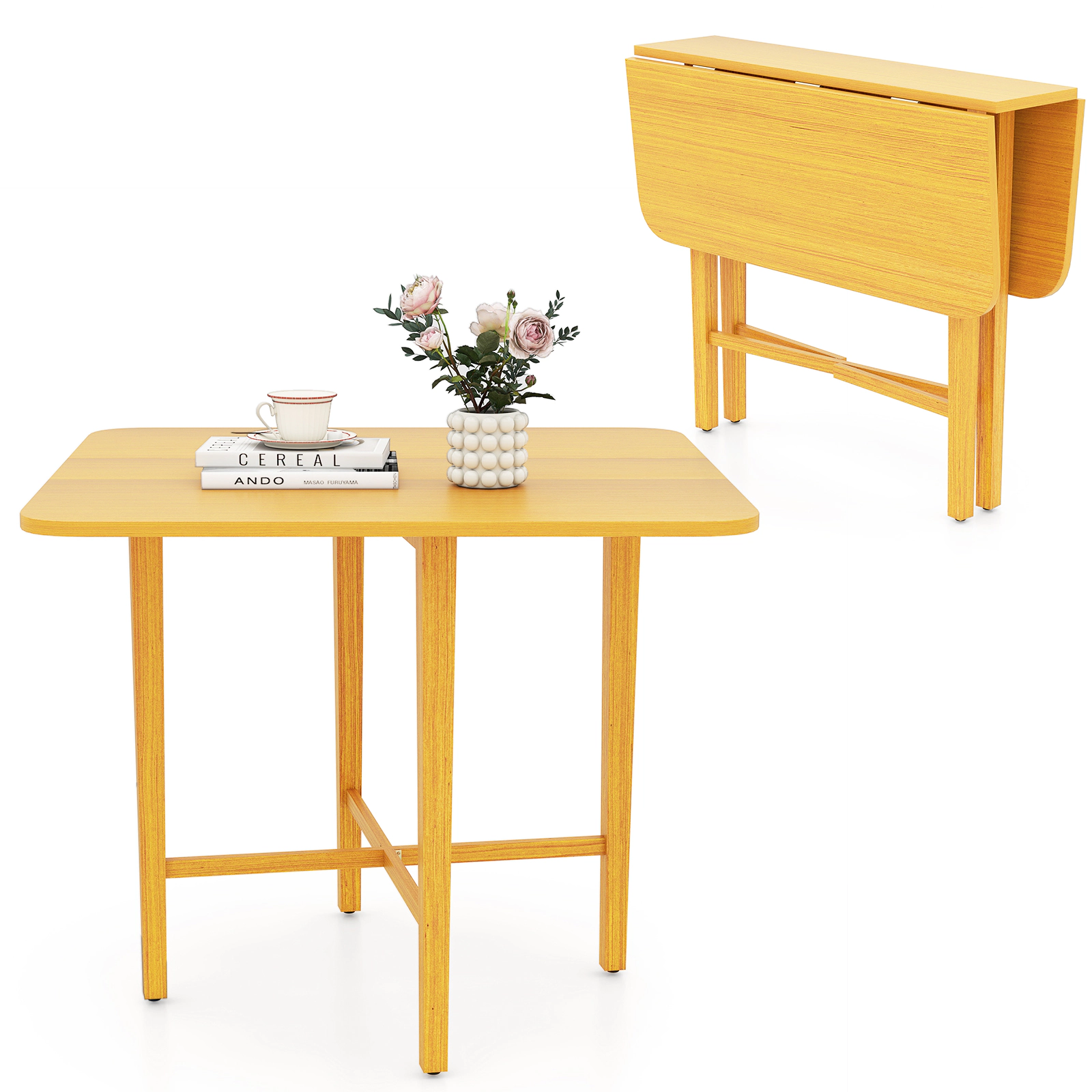 SUGIFT Foldable Drop Leaf Dining Table for 2-4 People 180-lb Capacity Rubber Wood Legs Natural/Walnut