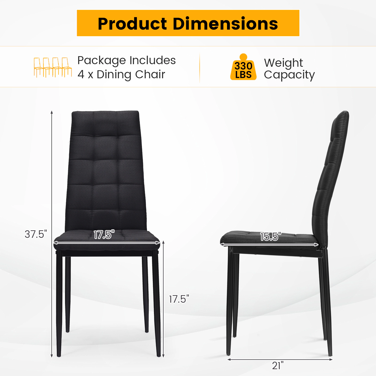SUGIFT Black Fabric High Back Upholstered Cushion Metal Legs Set of 4 Dining Chairs