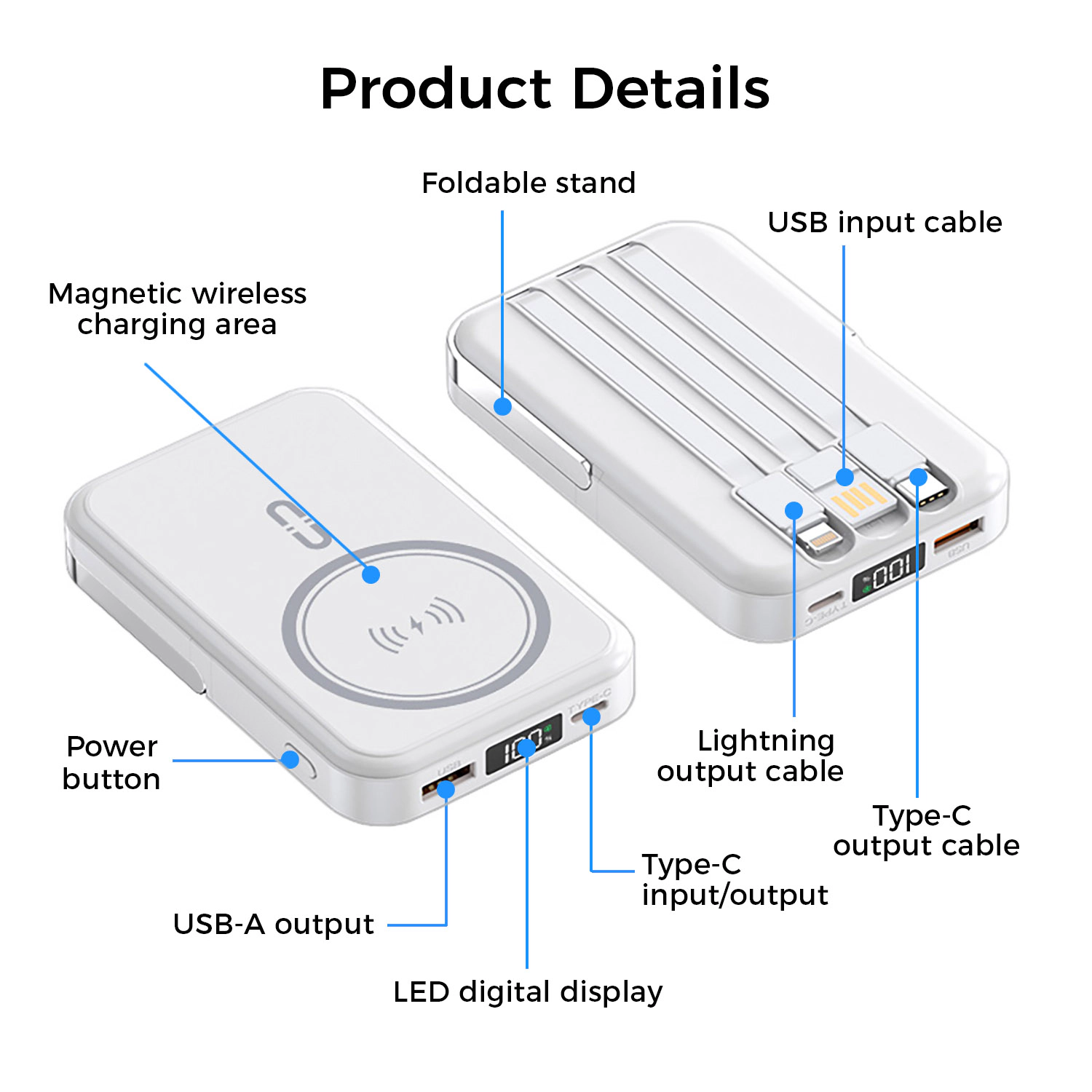 Alpha Digital 10,000mAh, 3 Cables, Magnetic Wireless Charging, Phone Stand - Power Bank