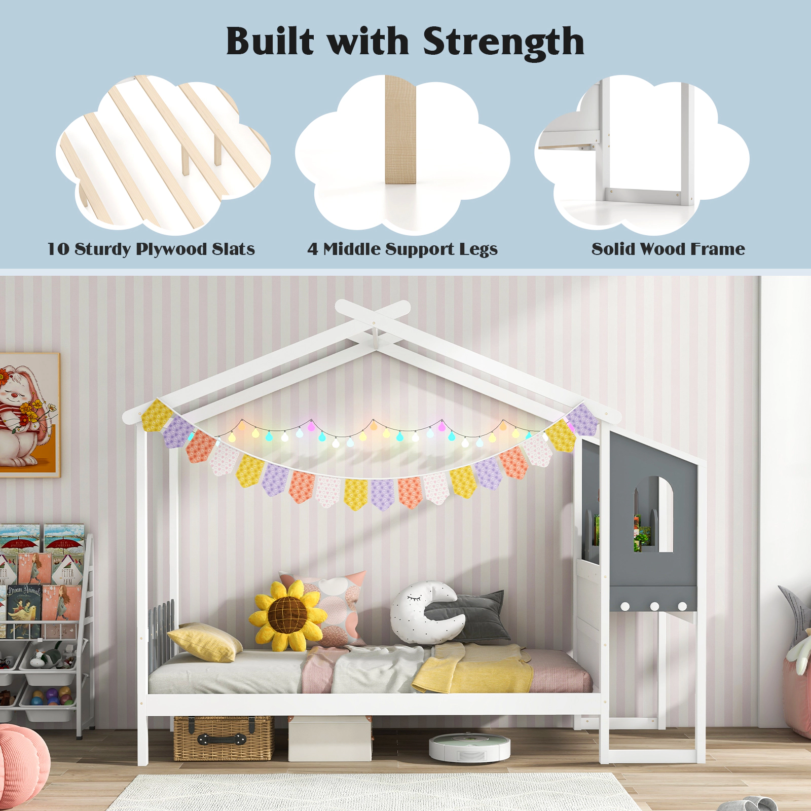 SUGIFT White and Gray Roof Canopy Fence and Study Desk Kids House Bed Frame
