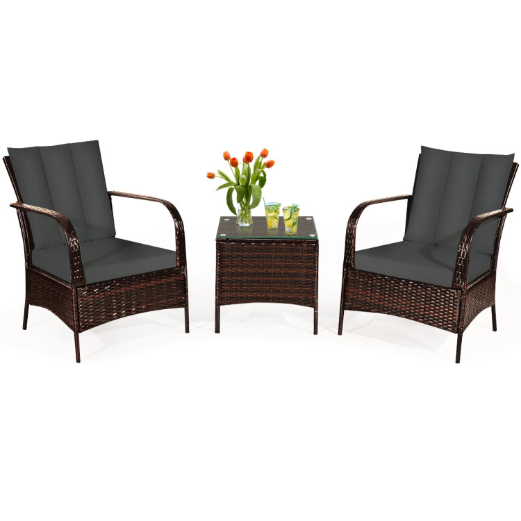 Hivvago 3 Pieces Patio Rattan Conversation Set With Glass Top Coffee Table And Cushions