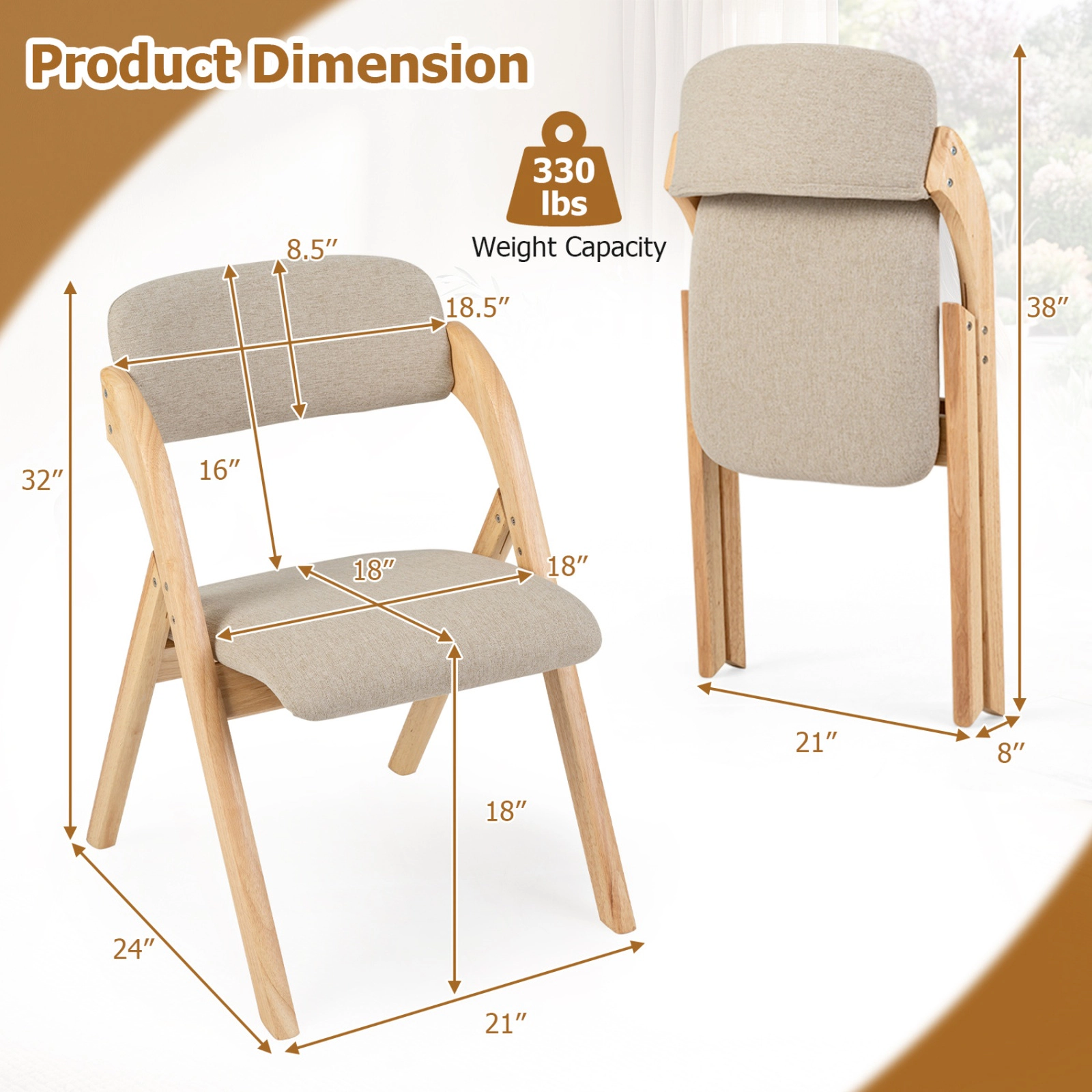 SUGIFT Folding Rubber Wood Dining Chairs Set of 4 with Linen Cushion 330-Lb Capacity Natural and Khaki