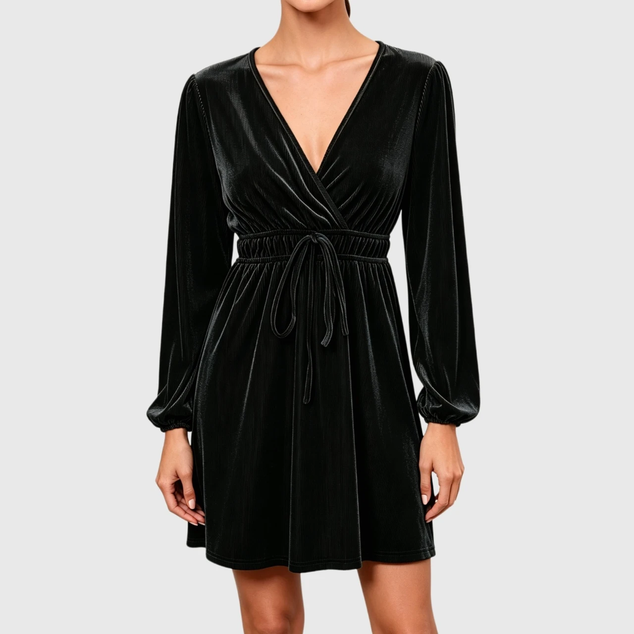 YesFashion Women's Velvet Dress Casual Long Sleeve Wrap V Neck Pleated Waist Party Skater Dresses