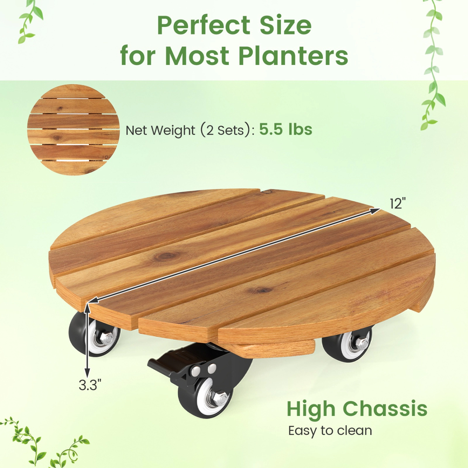 SUGIFT Set of 4 Natural 12-in 175-lb Acacia Wood Rolling Plant Caddy Dolly with Lockable Casters
