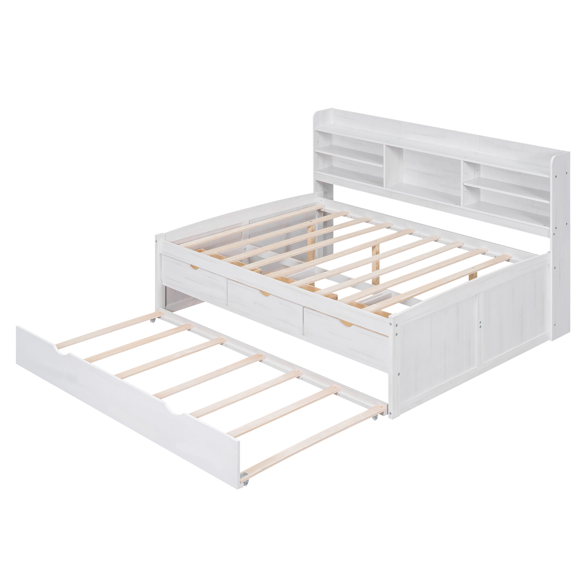 Flynama Full Wooden Captain Bed with Bookshelves, 3 Drawers & Trundle, White Wash