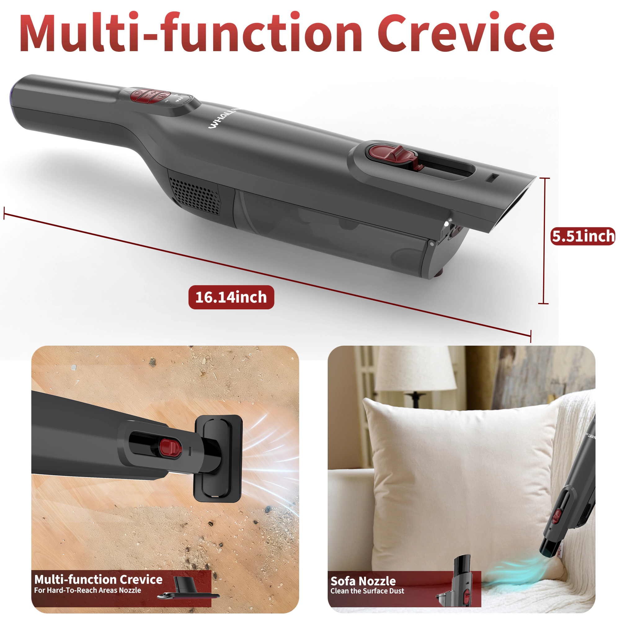 WHALL Cordless Handheld Vacuum with Strong Suction, LED Light, Multi-Accessories, Fast Charging for Home, Car, Pet Hair