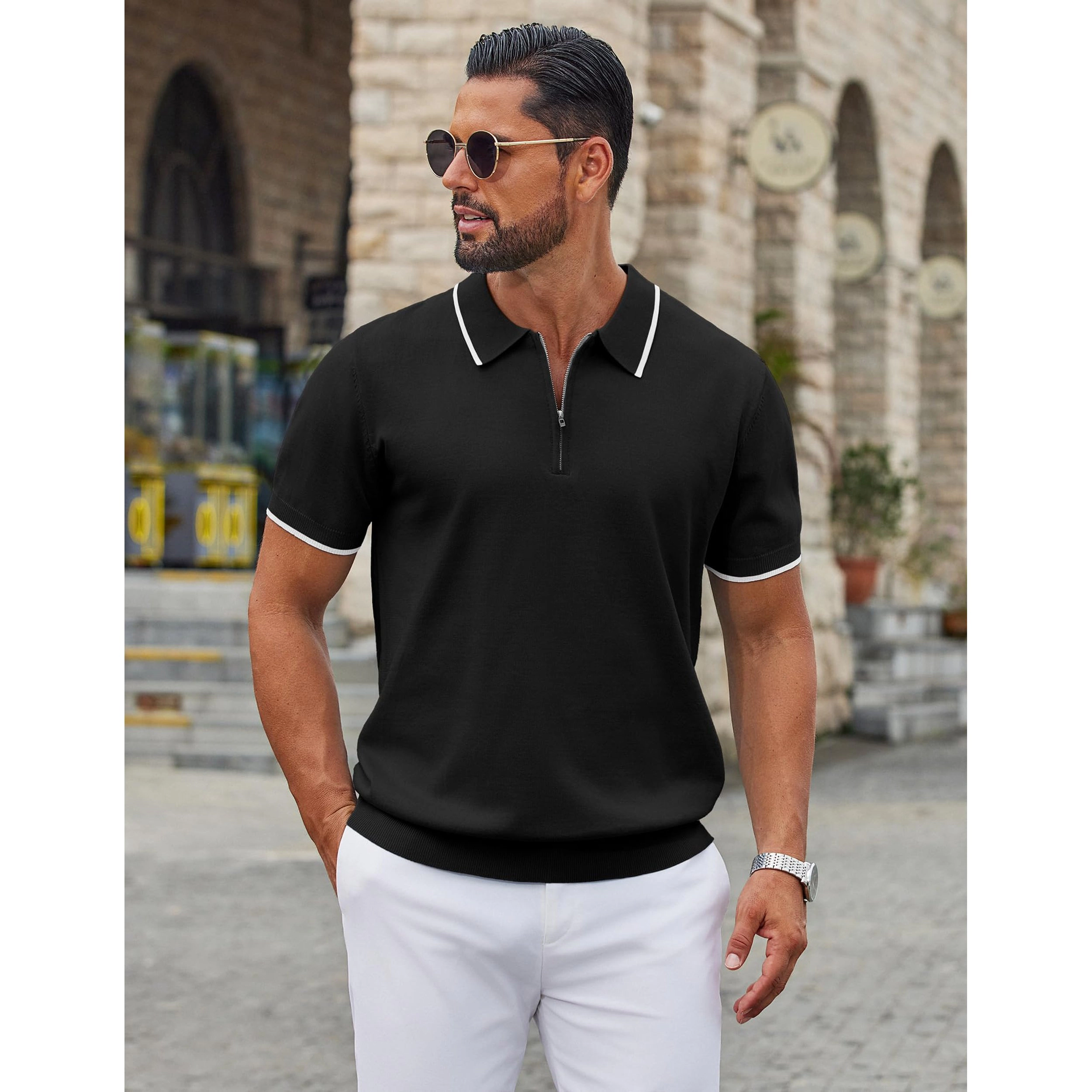COOFANDY Short Sleeve Polo Shirts Summer Half Zip Collar Ribbed Casual Tops