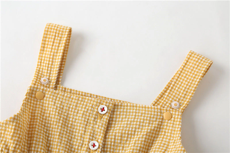 MyKids-USA Baby Girl Plaid Graphic Strawberries Embroidery Snap Button Jumpsuit & Solid Tee Sets