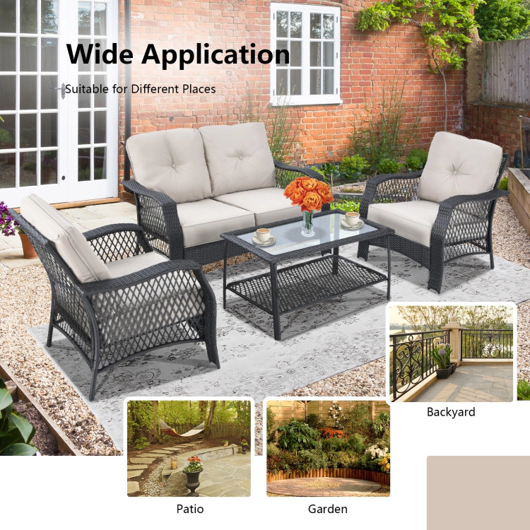Hivvago 4 Pieces Patio Wicker Furniture Set Loveseat Sofa Coffee Table With Cushion-Beige