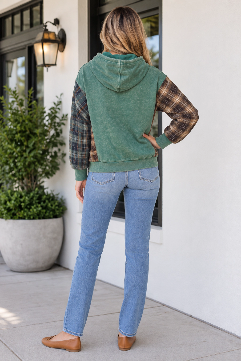 Threaded Pear Women's Carley Plaid Colorblock Hoodie