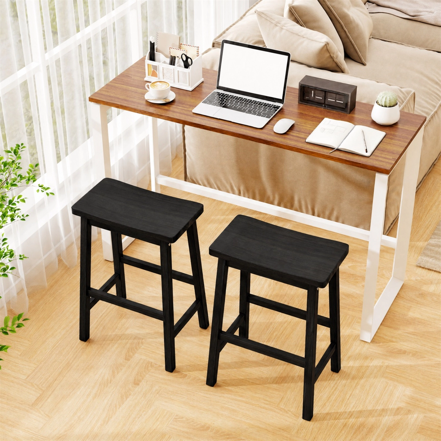 LJG Set of 2 Saddle-Seat Counter Height Stools with Curved Seat and Footrests