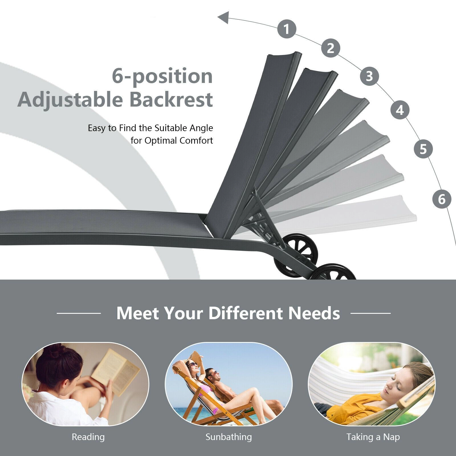 SlickBlue Adjustable Outdoor Chaise Lounge with 6-Position Backrest