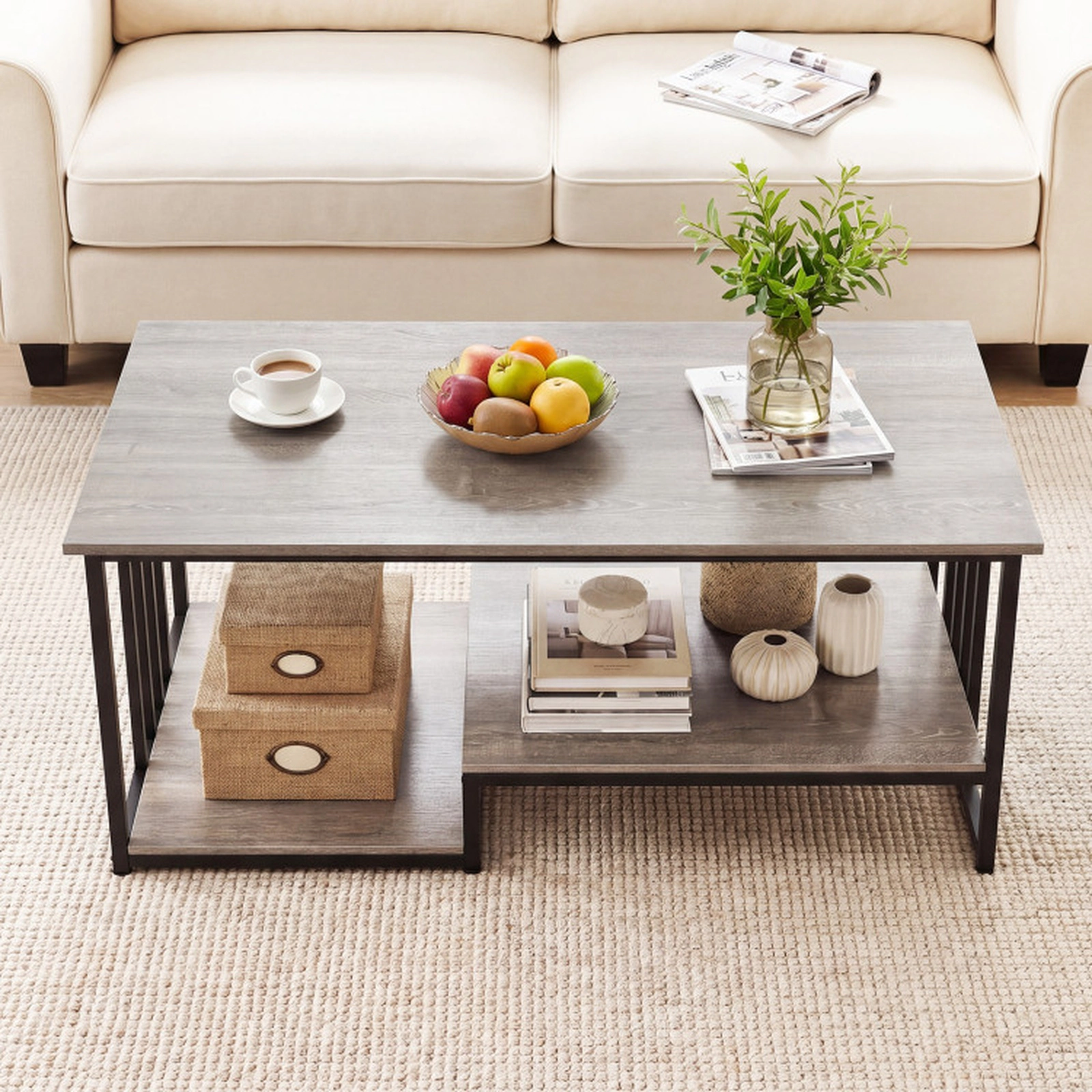 SUGIFT 43.5-in 2-Tier 110-lb Capacity Oak Rustic Wood Grain Coffee Table with Open Shelf and Metal Frame