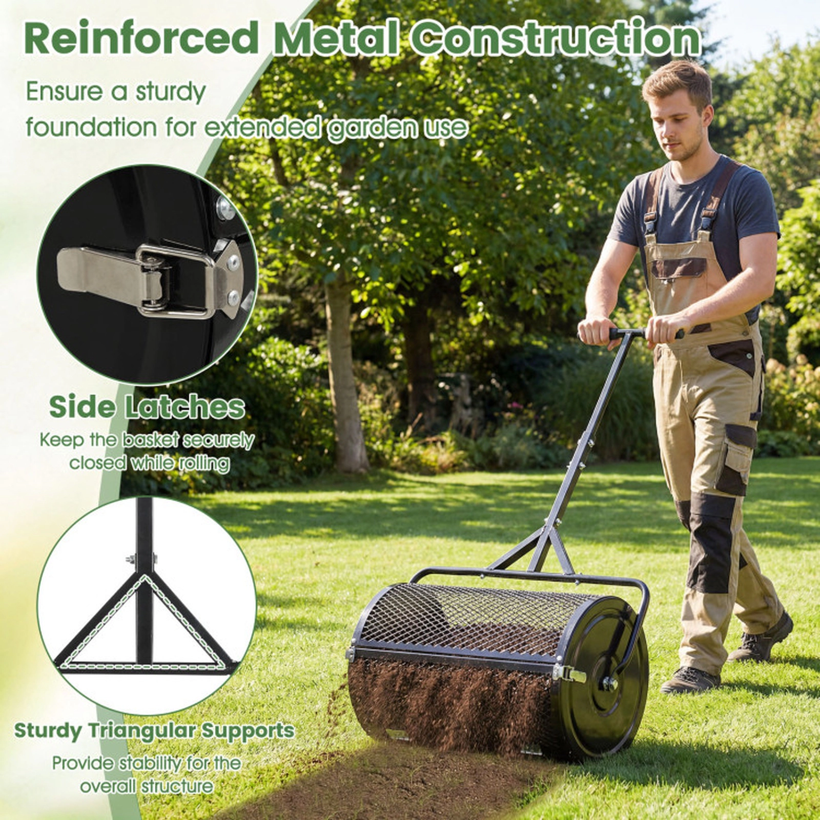 SUGIFT 2.7 Cu.ft Compost Spreader Peat Moss Spreader Roller with Height-Adjustable T-Shaped Handle Black/Green/Orange