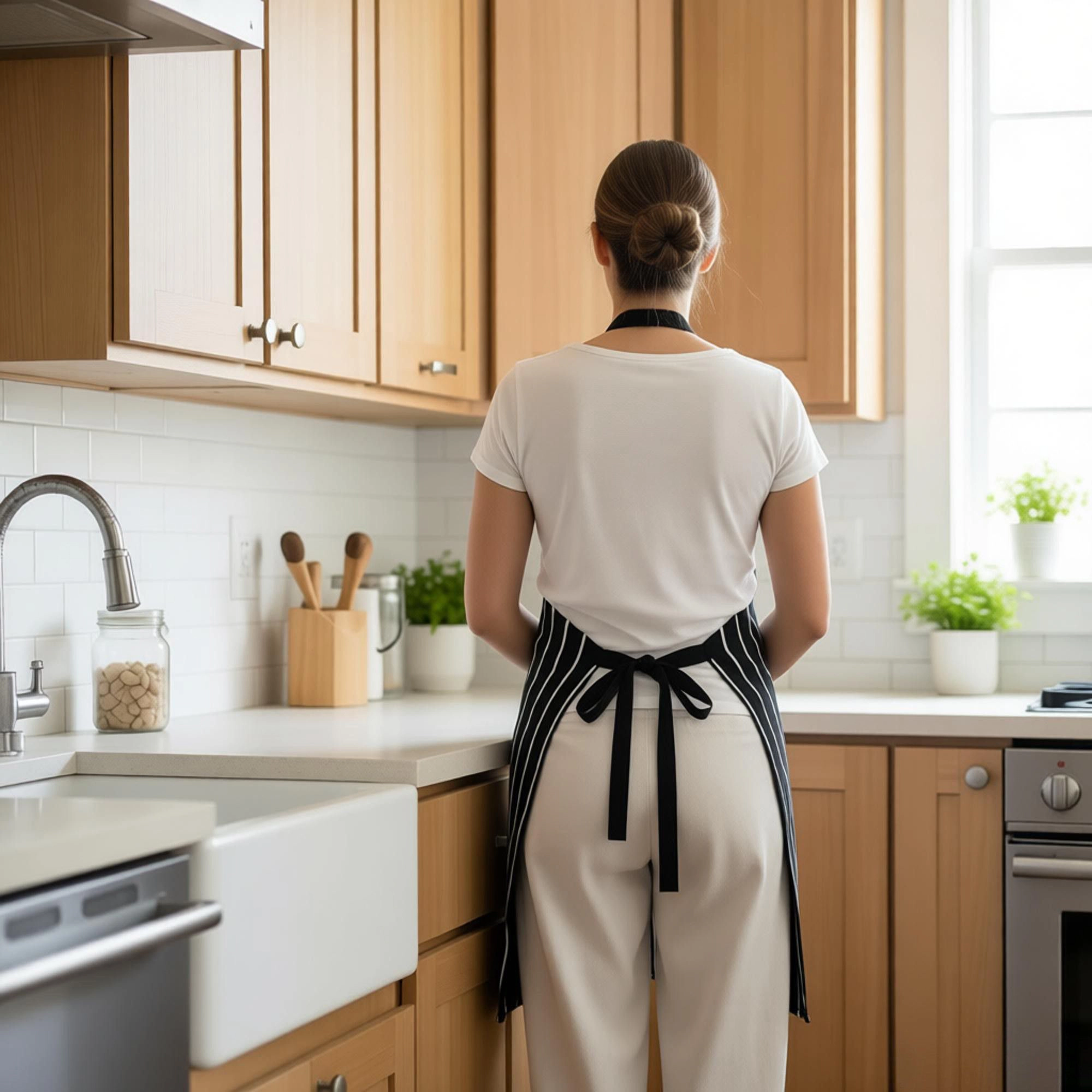 Alilang Women Striped Kitchen Apron Cotton Blend Adjustable Neck with Pockets Chef Cooking Server