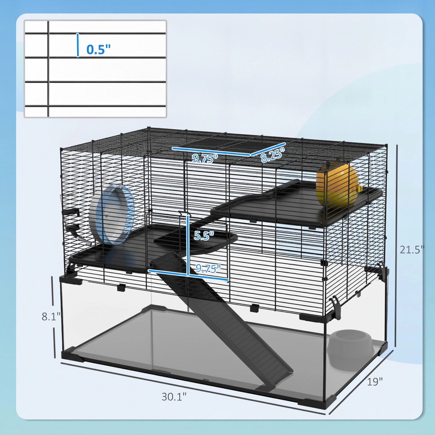 HONGGE Hamster Cage Gerbil Cage with Glass Basin for Small Hamsters Black