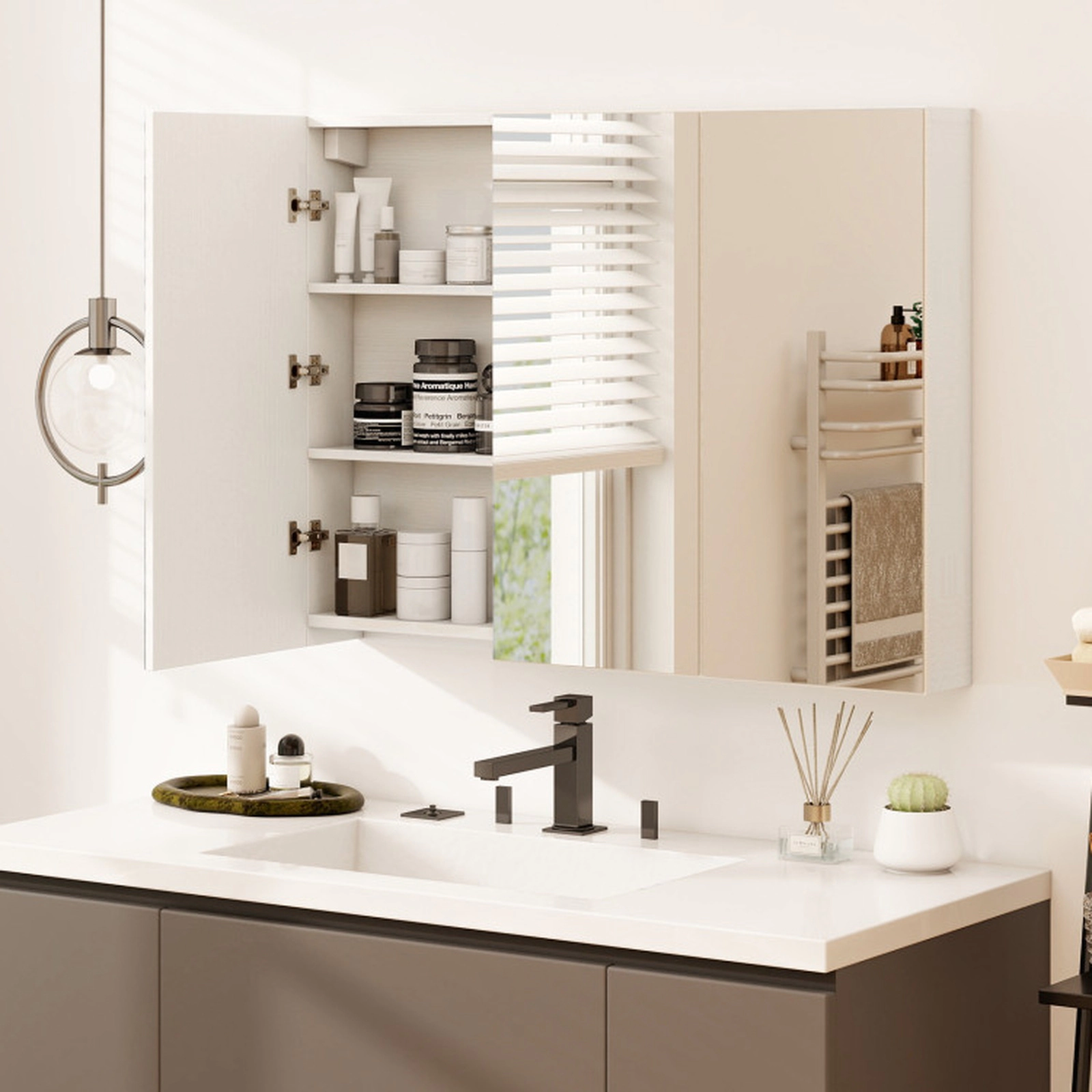 SUGIFT 3-Door Frameless Mirrored Surface Mount Bathroom Medicine Cabinet 34.5-in x 5-in x 25.5-in 6 Compartments White