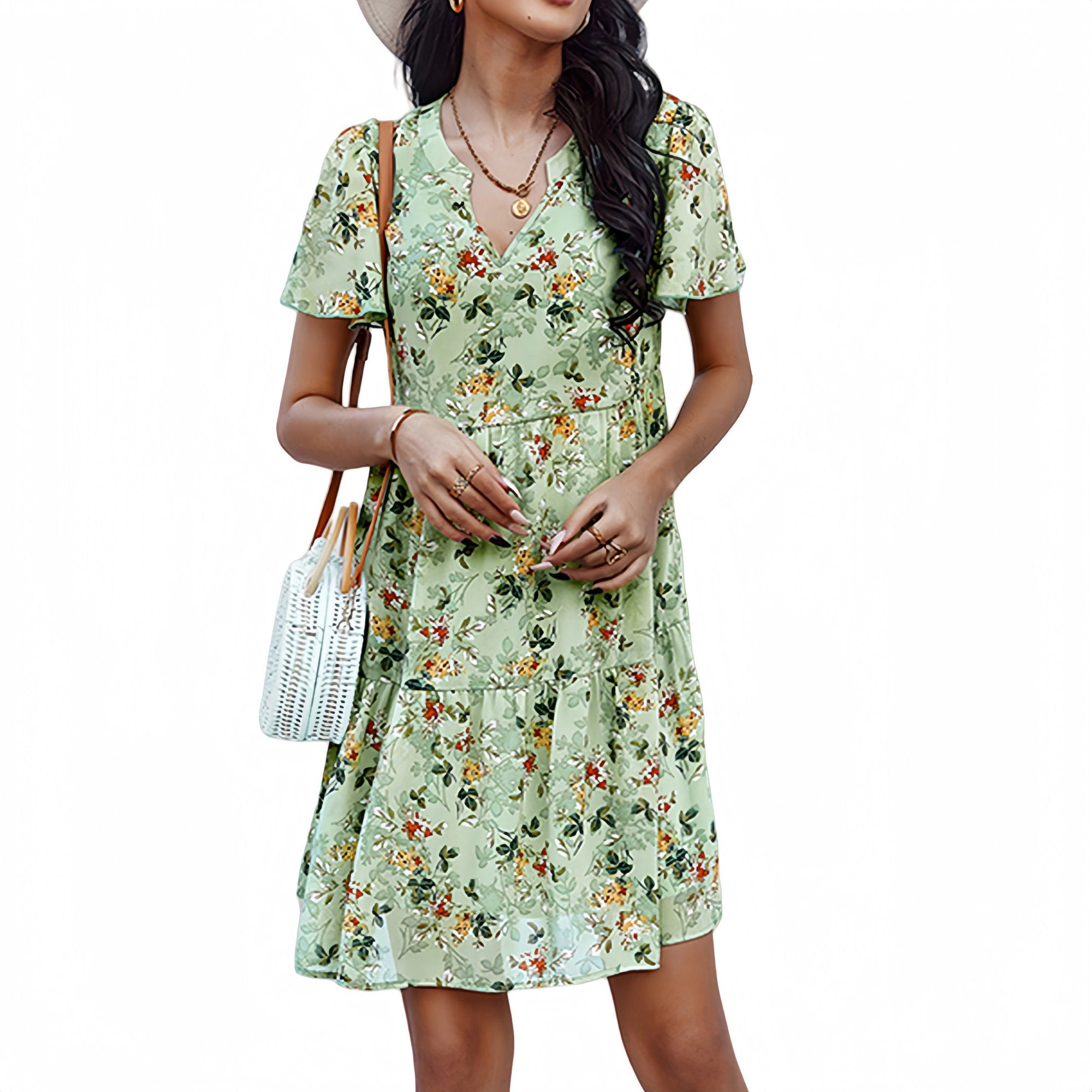Anna-Kaci Women's Short Sleeve V-Neck Tiered Floral Print Mini Dress