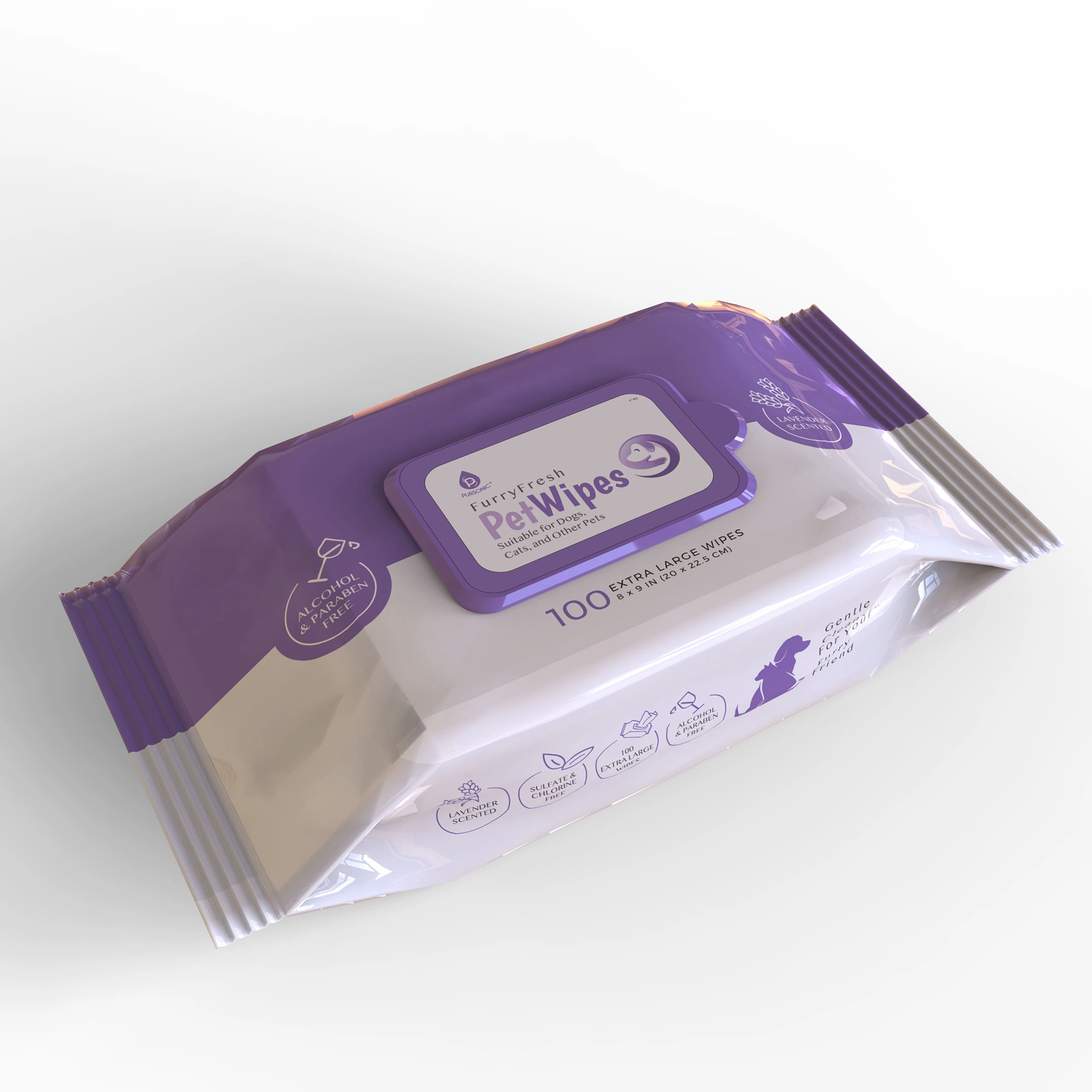 Pursonic Pet Care Freshening Wipes with Lavender Scent, Extra Large Gentle Cleansing Pet Wipes (100 Count)