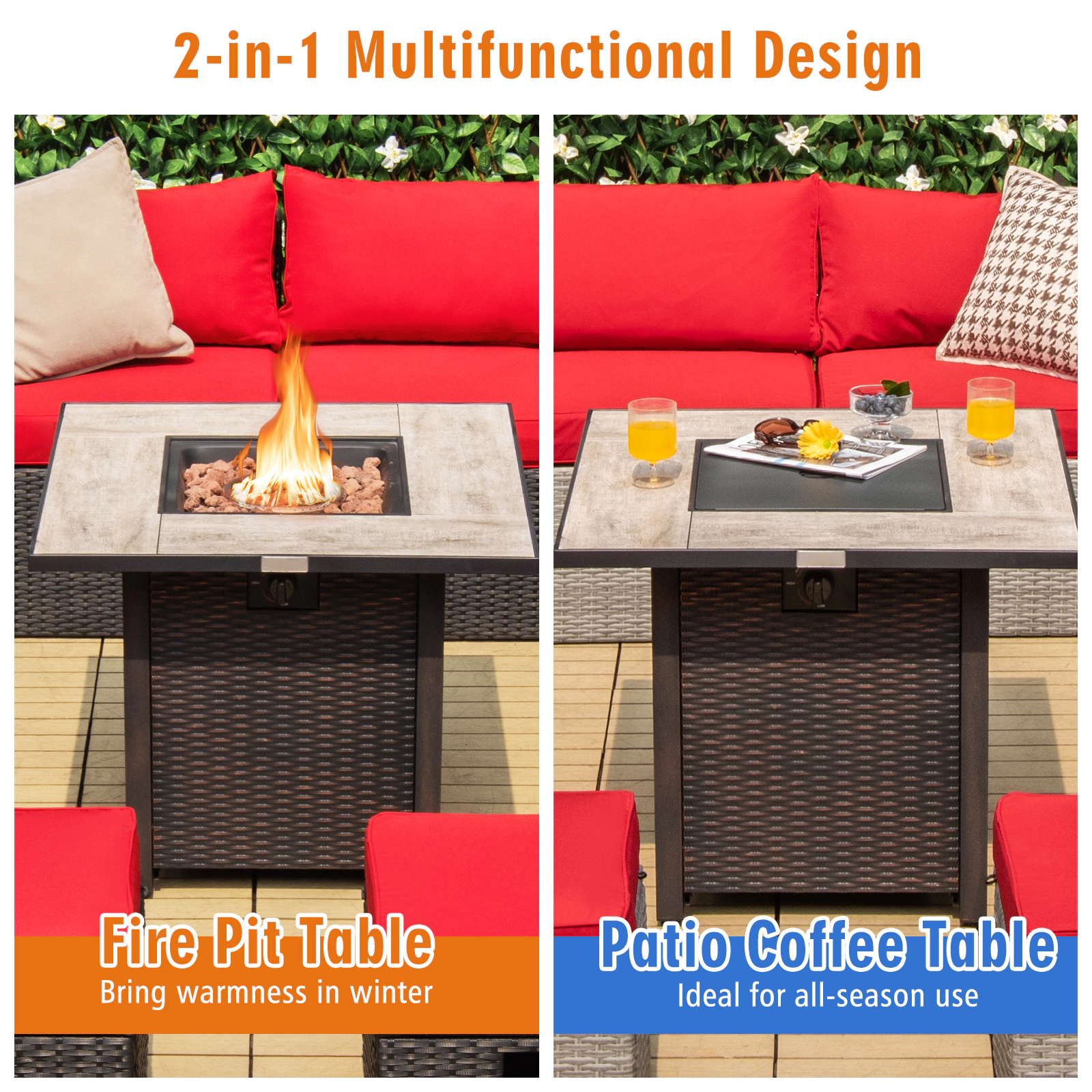 SUGIFT 30-Inch Square Propane Fire Pit Table with Ceramic Tile Top and Lava Rocks Brown