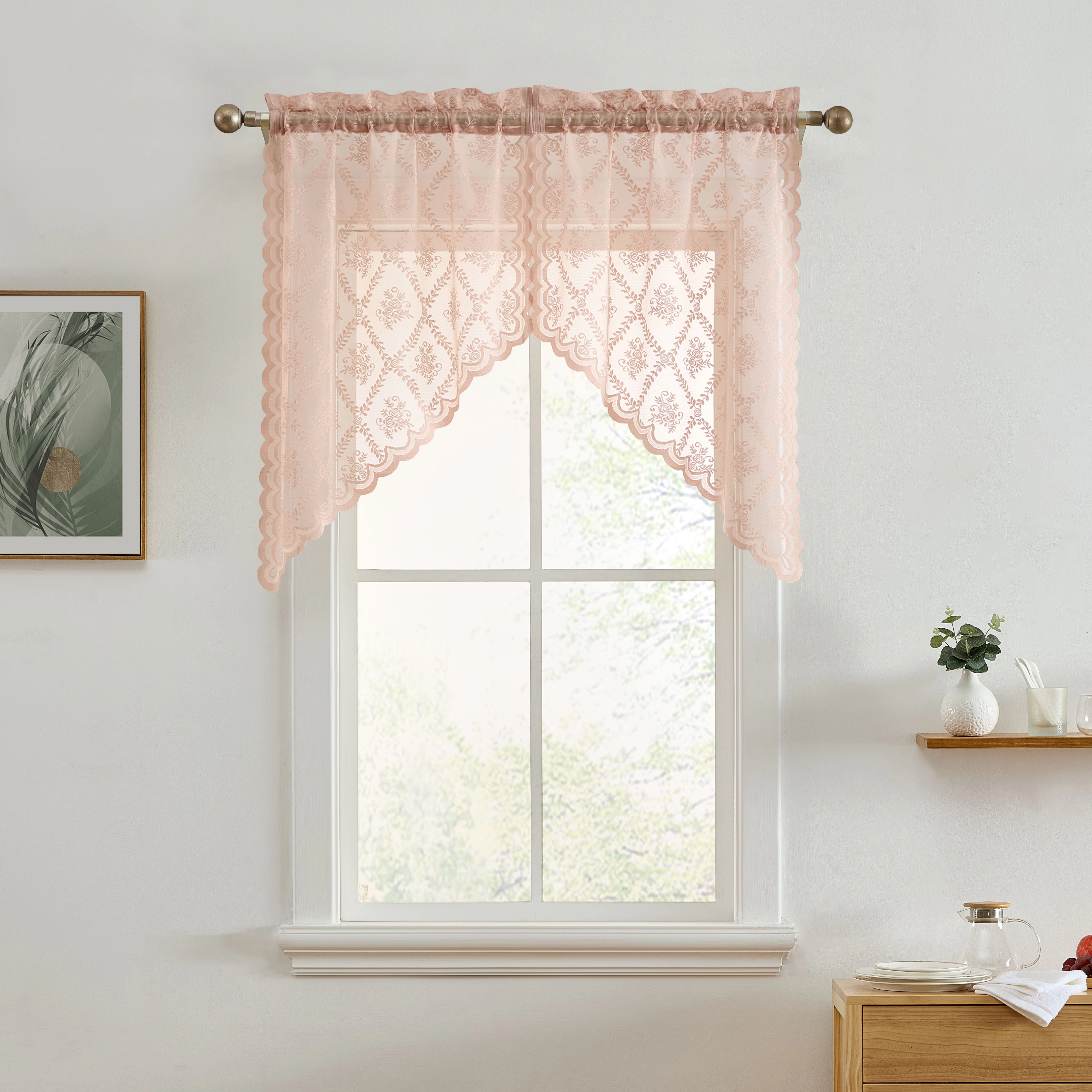 HLC.ME Isabella Floral Rod Pocket Lace Short Cafe Swags for Small Windows - Set of 2