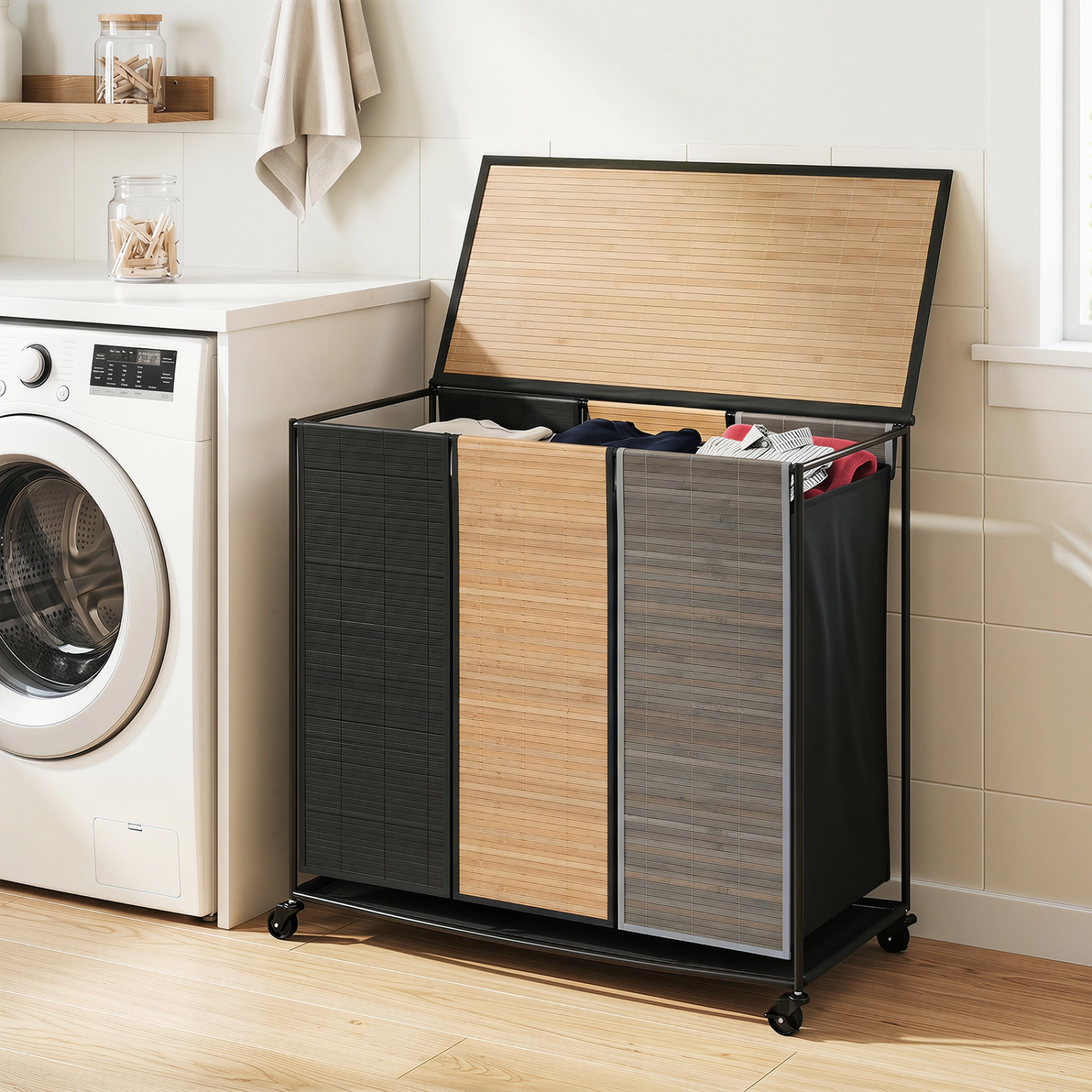 SUGIFT 21.4-gal 3-Section Bamboo Laundry Hamper Sorter with Lid 4 Wheels and Removable Washable Liners