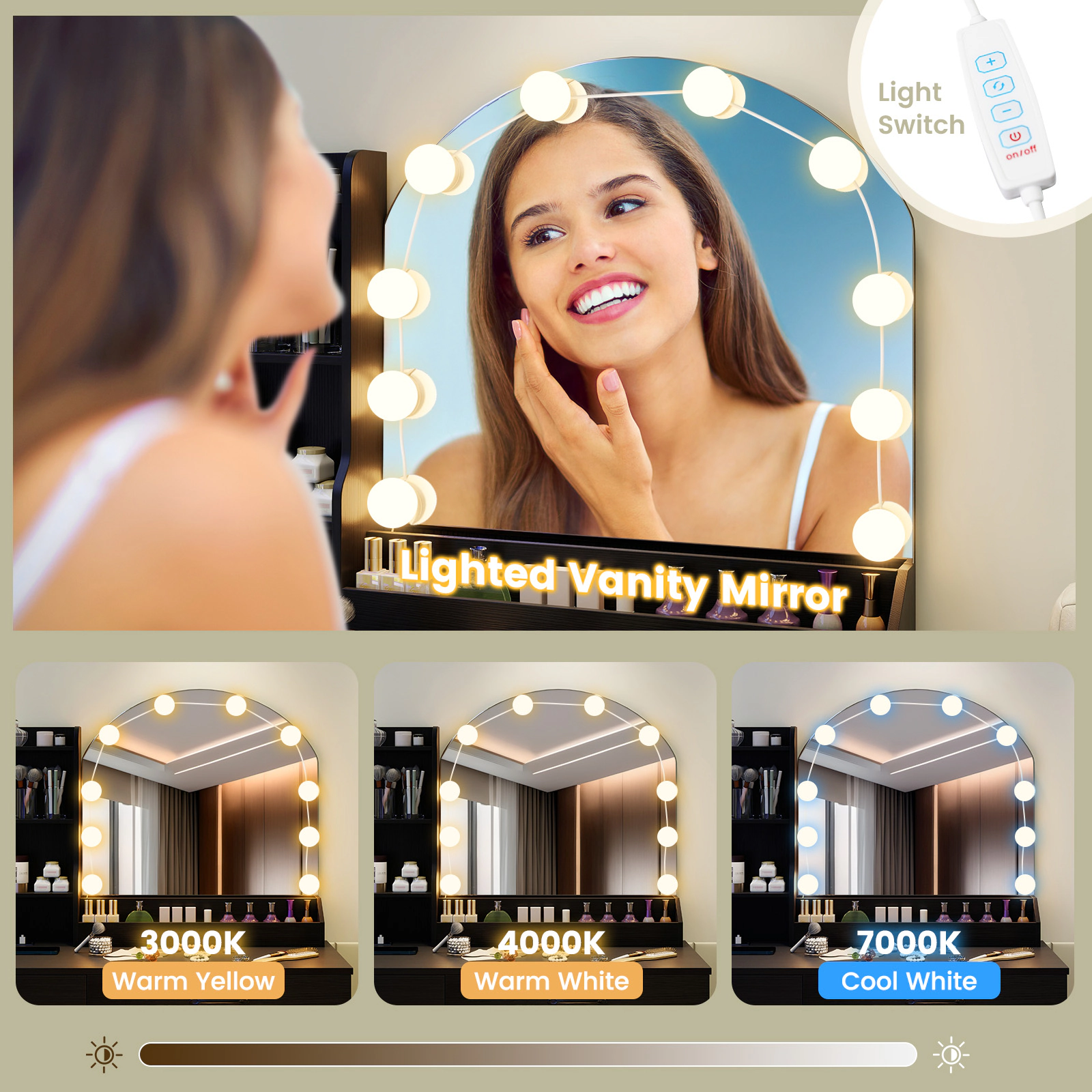 LJG Makeup Vanity Desk Dressing Table and Stool Set with Mirror Lights