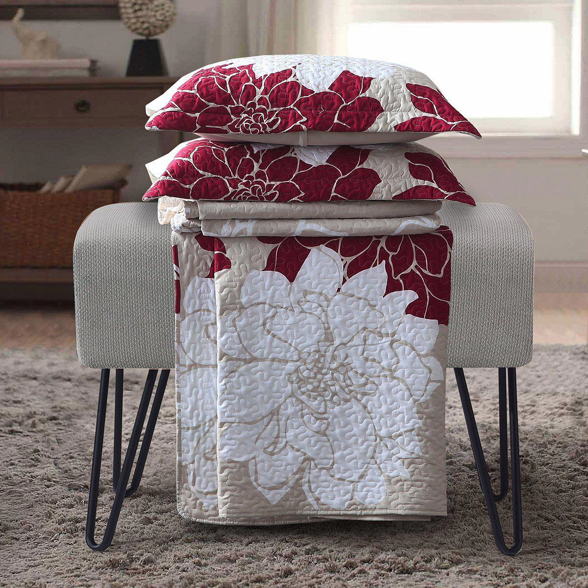 Egyptian Linens Helena Burgundy Floral Reversible Microfiber Quilt Set