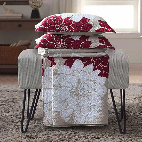 Egyptian Linens Helena Burgundy Floral Reversible Microfiber Quilt Set