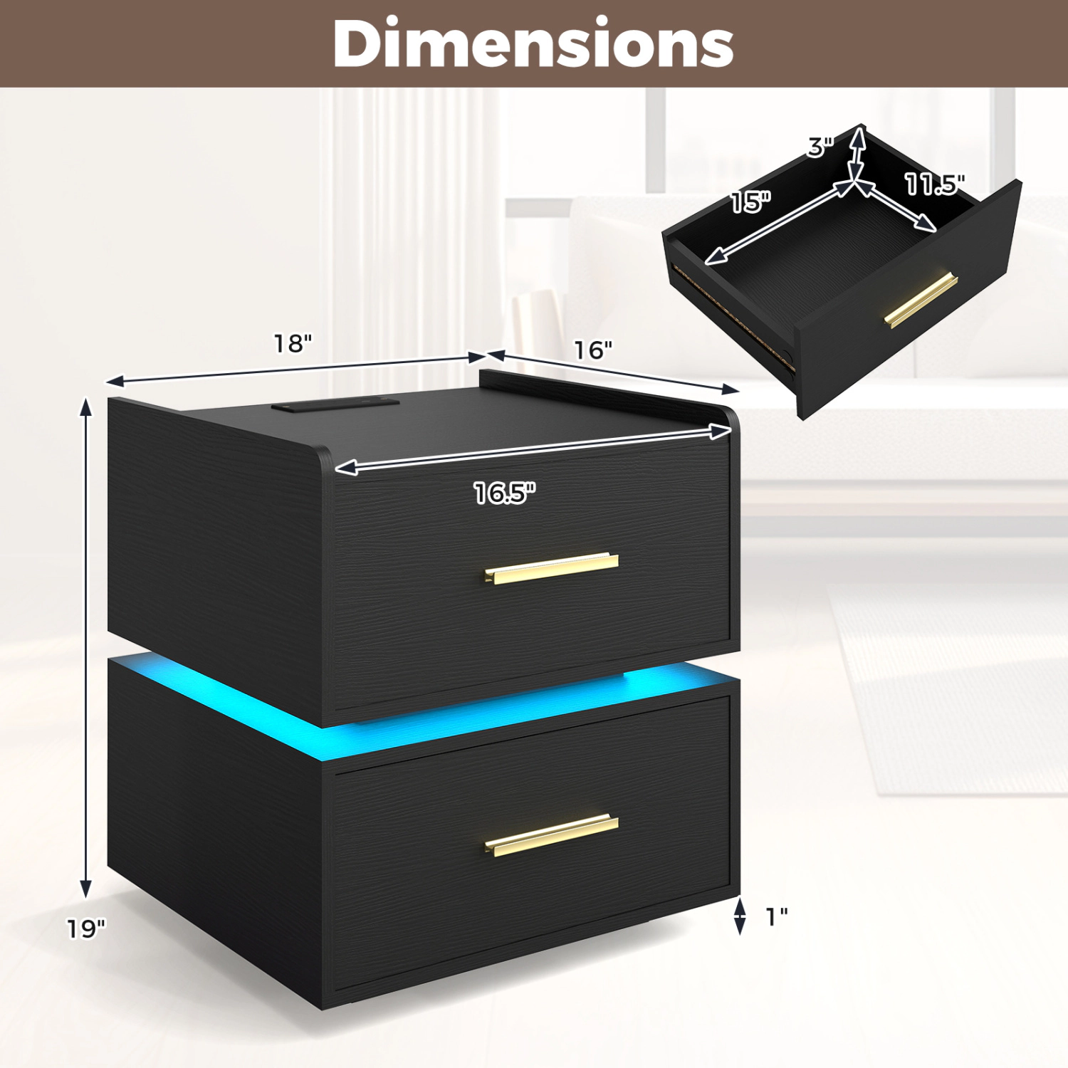 Hivvago LED Bedside Table with Charging Station and 2 Storage Drawers