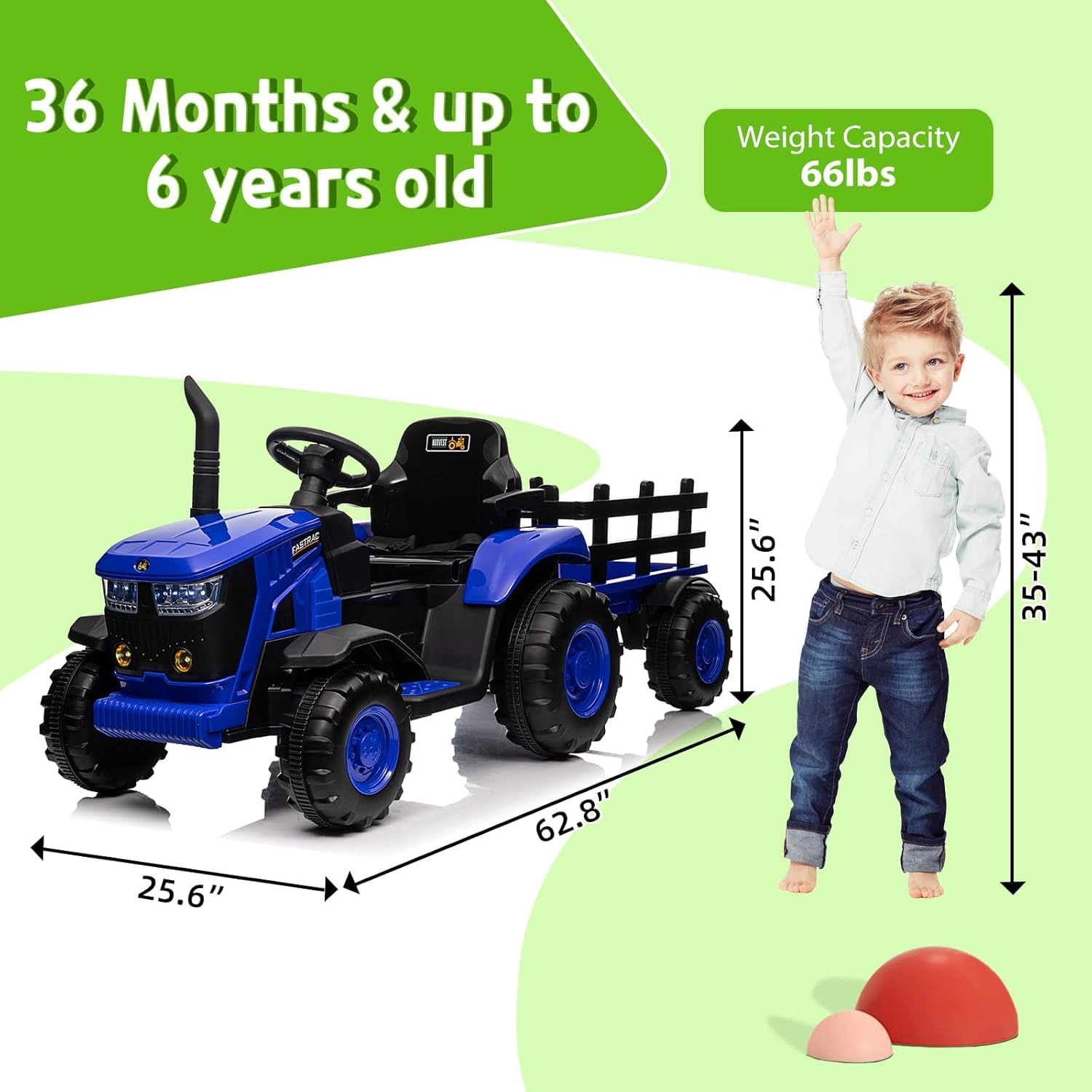 Enjyam 12V Kids Ride-On Tractor with Remote, Electric w/ Dual Motors, Detachable Trailer, Music & LED Lights