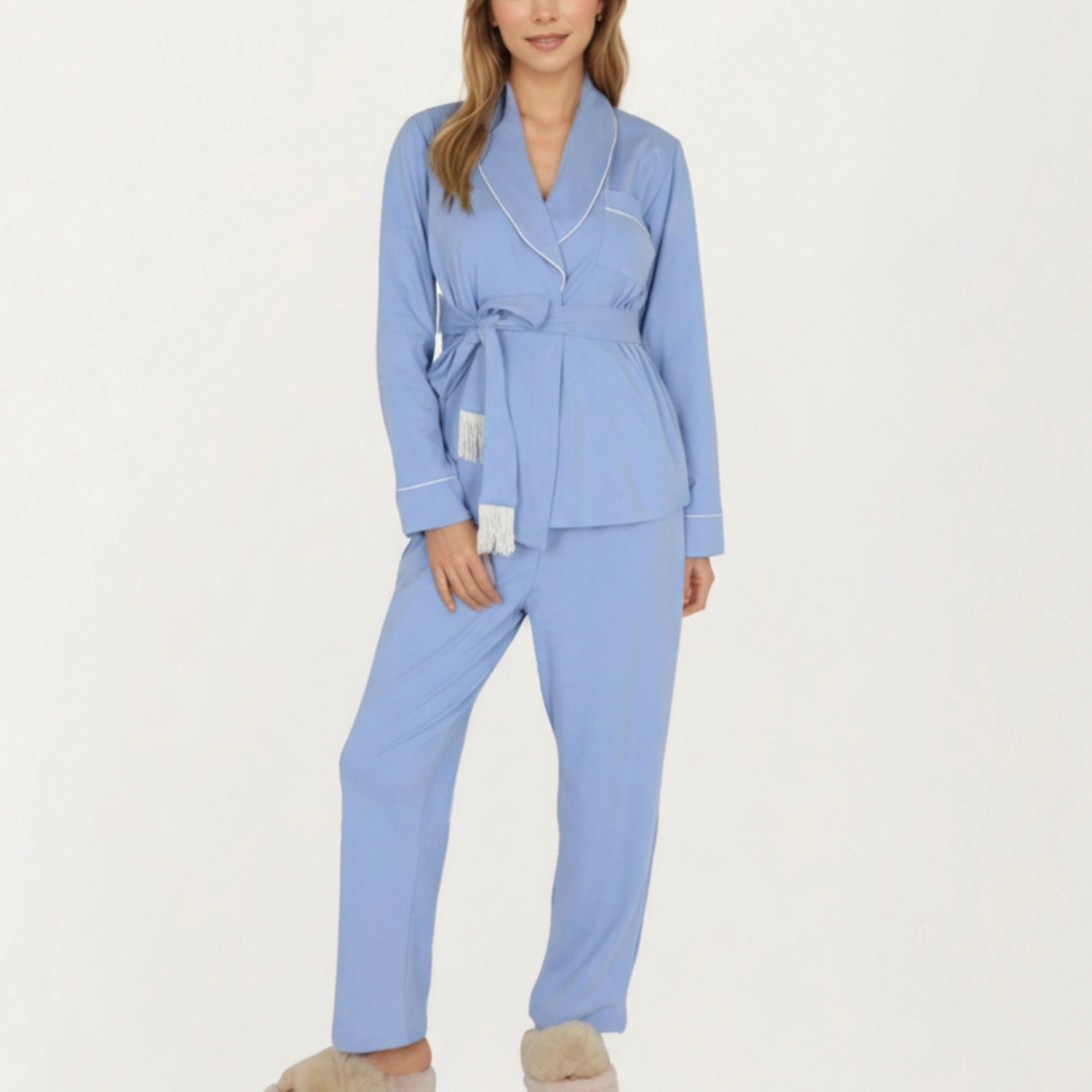Anna-Kaci Women's 2-Piece Belted Wrap Top and Relaxed Fit Pants Pajama Set with Shawl Collar Soft Fabric