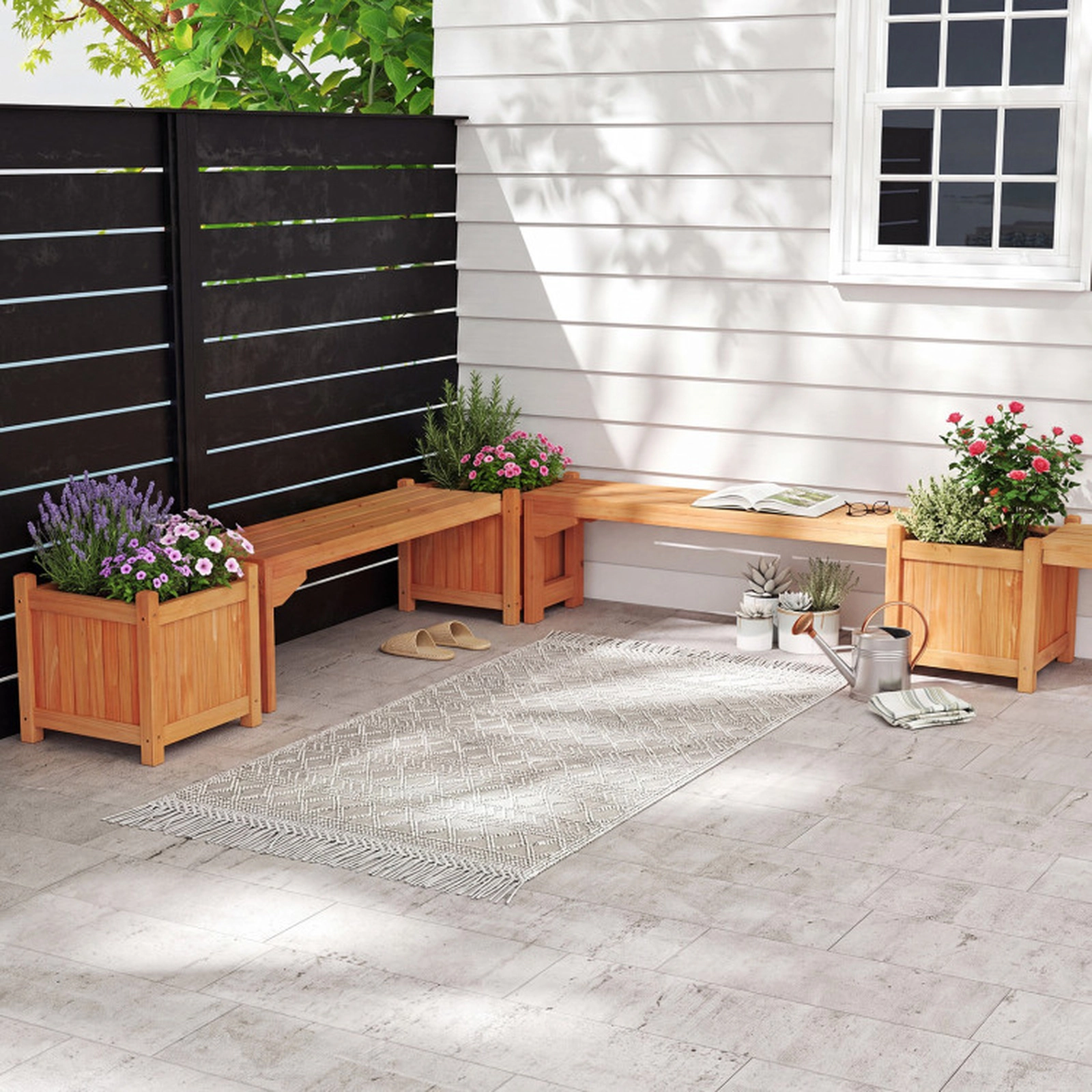 SUGIFT 2-Piece Fir Wood Outdoor Bench with Side Planter, 660-Lb Capacity, Natural