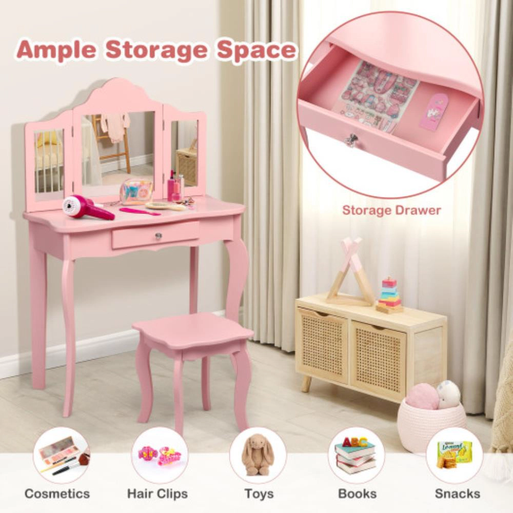 Hivvago Kids Makeup Dressing Mirror Vanity Table Stool Set