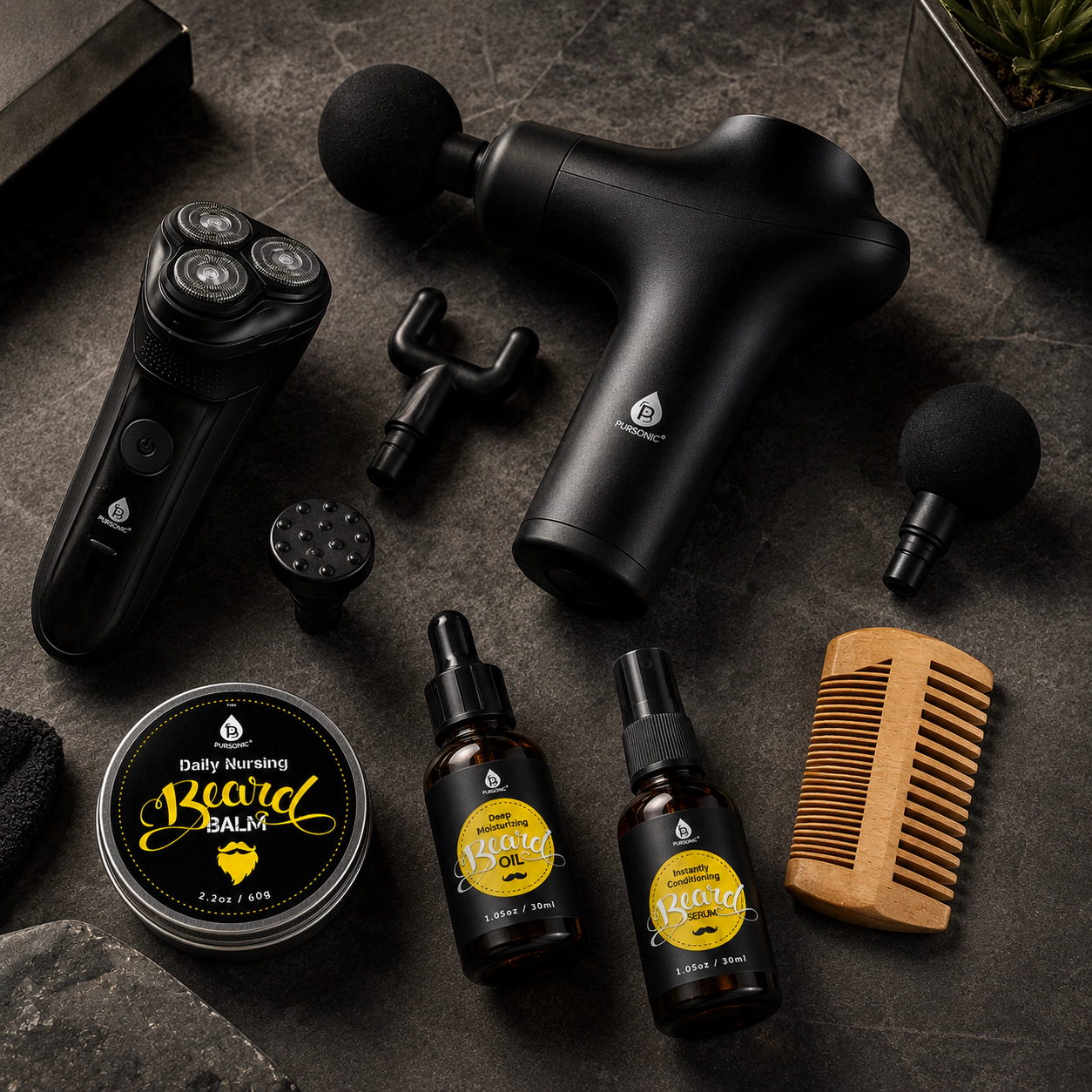 Pursonic Men's Rechargeable Hair, Beard, Nose & Ear Grooming Kit with Beard Care Grooming Bundle