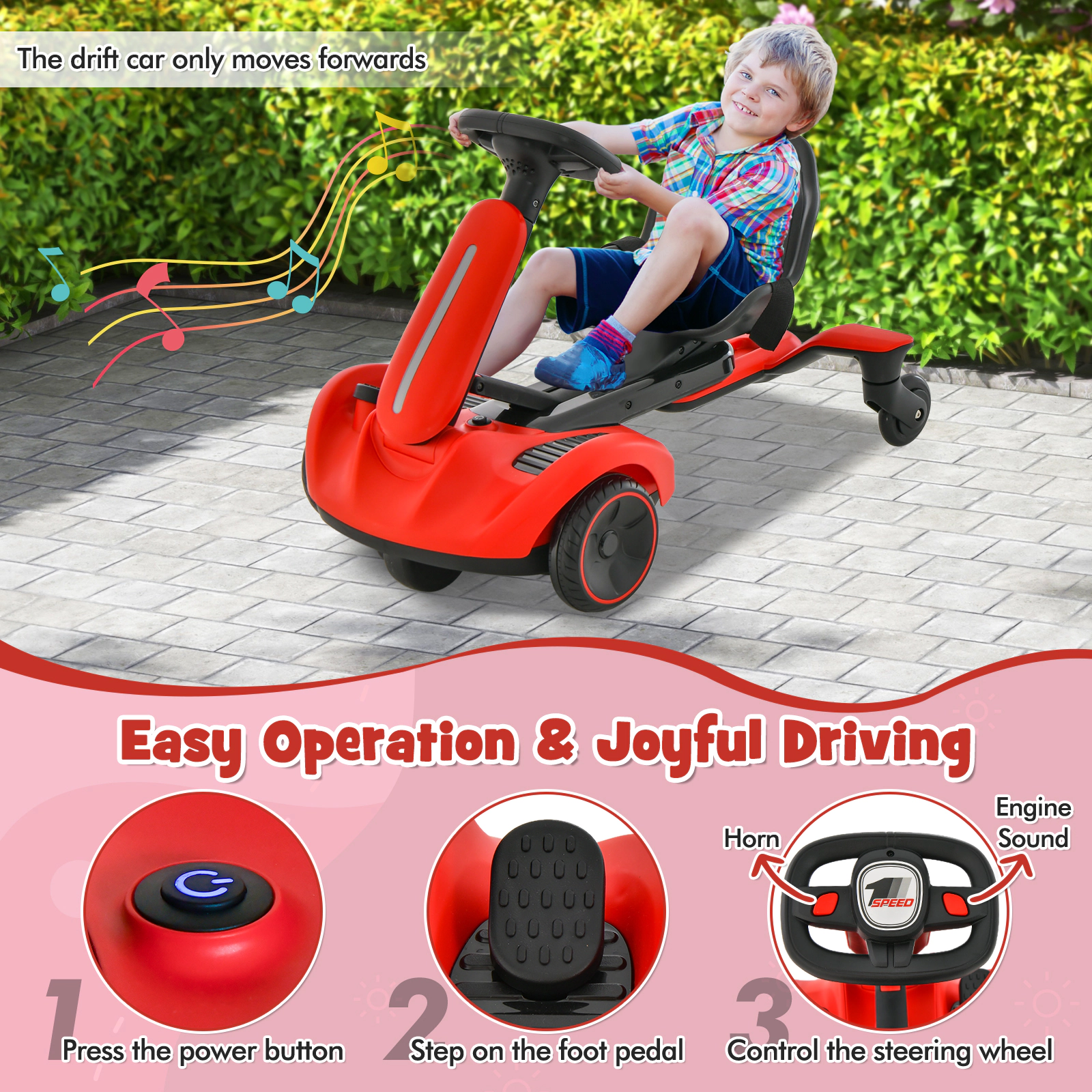 SUGIFT Kids Red 6V Ride On Drift Car with 360-Degree Spin and 2 Heights 33.5-in W 21.5-in H 55-lb Seat Capacity