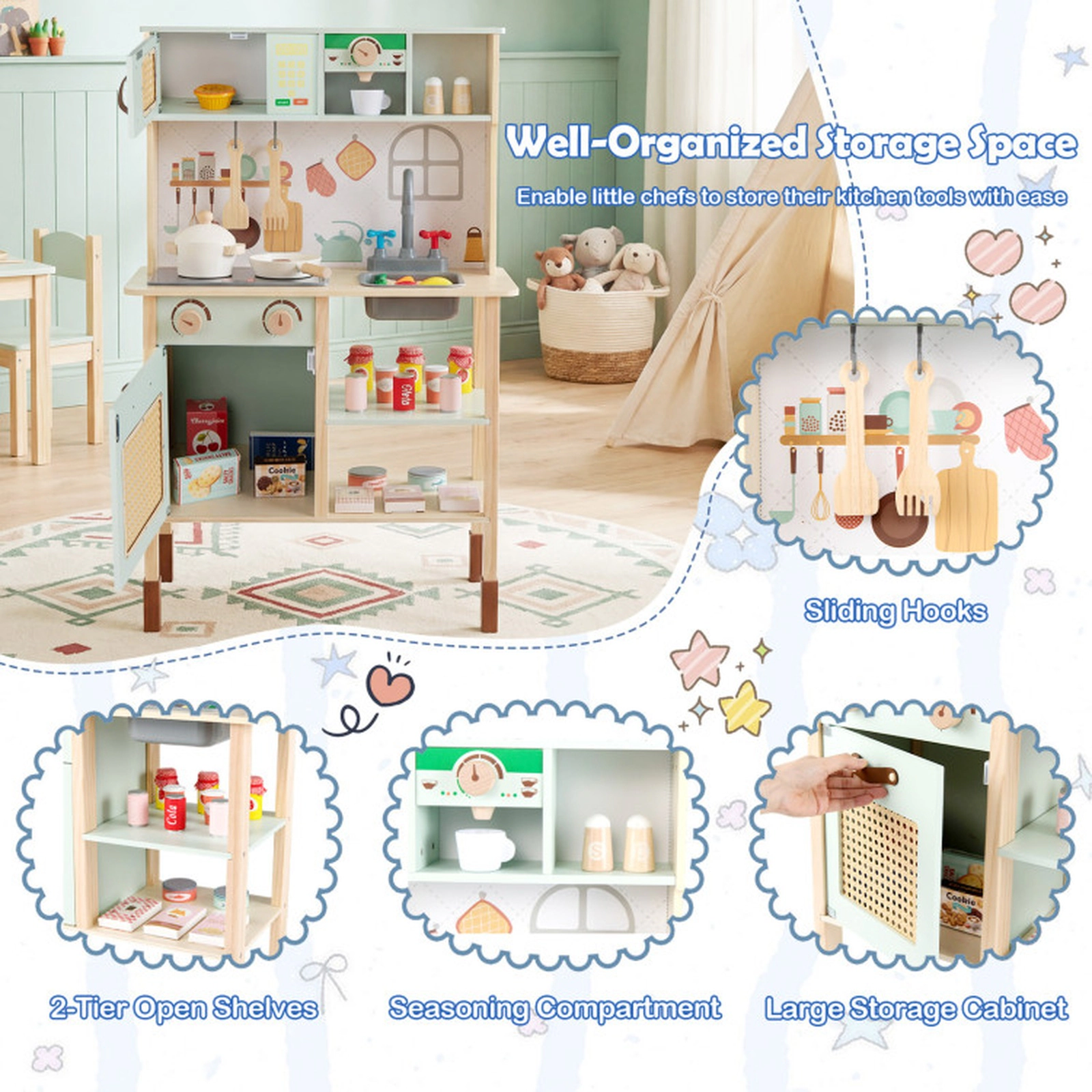 SUGIFT Wooden Play Kitchen with Lights and Sounds Retro Style for Kids 3+ Years 24-in Wide Green with Accessories