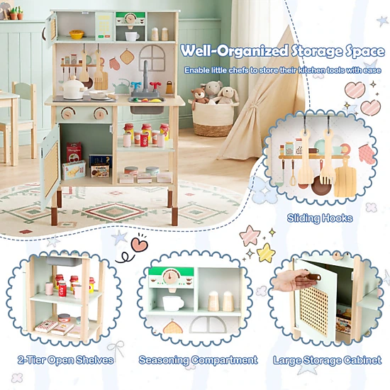 SUGIFT Wooden Play Kitchen with Lights and Sounds Retro Style for Kids 3+ Years 24-in Wide Green with Accessories