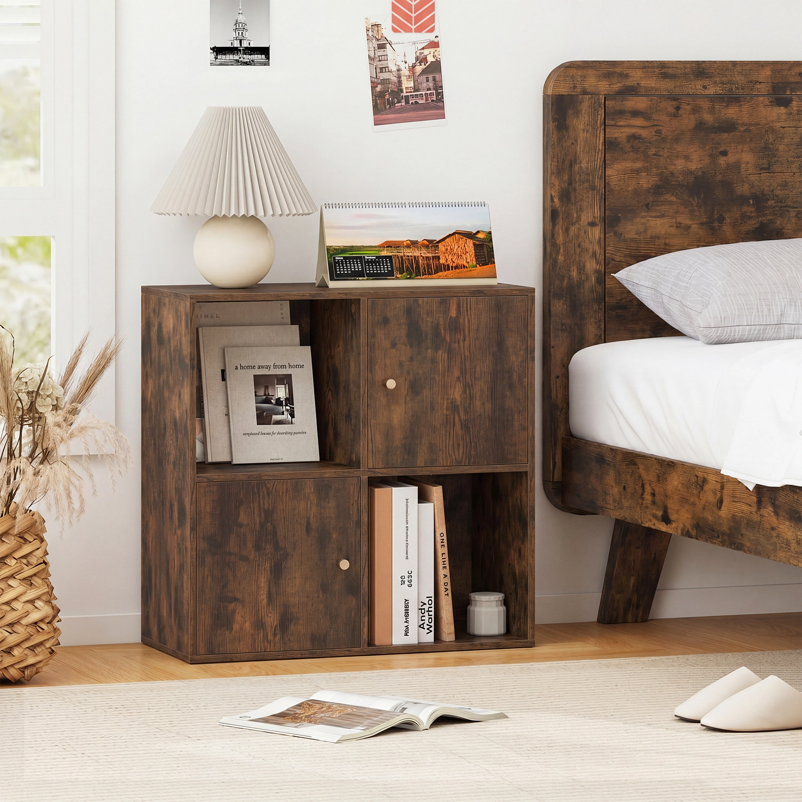 Costway 4-Cube Bookcase with Dual Anti-Tipping Kits & 2 Cabinets Storage Organizer Natural