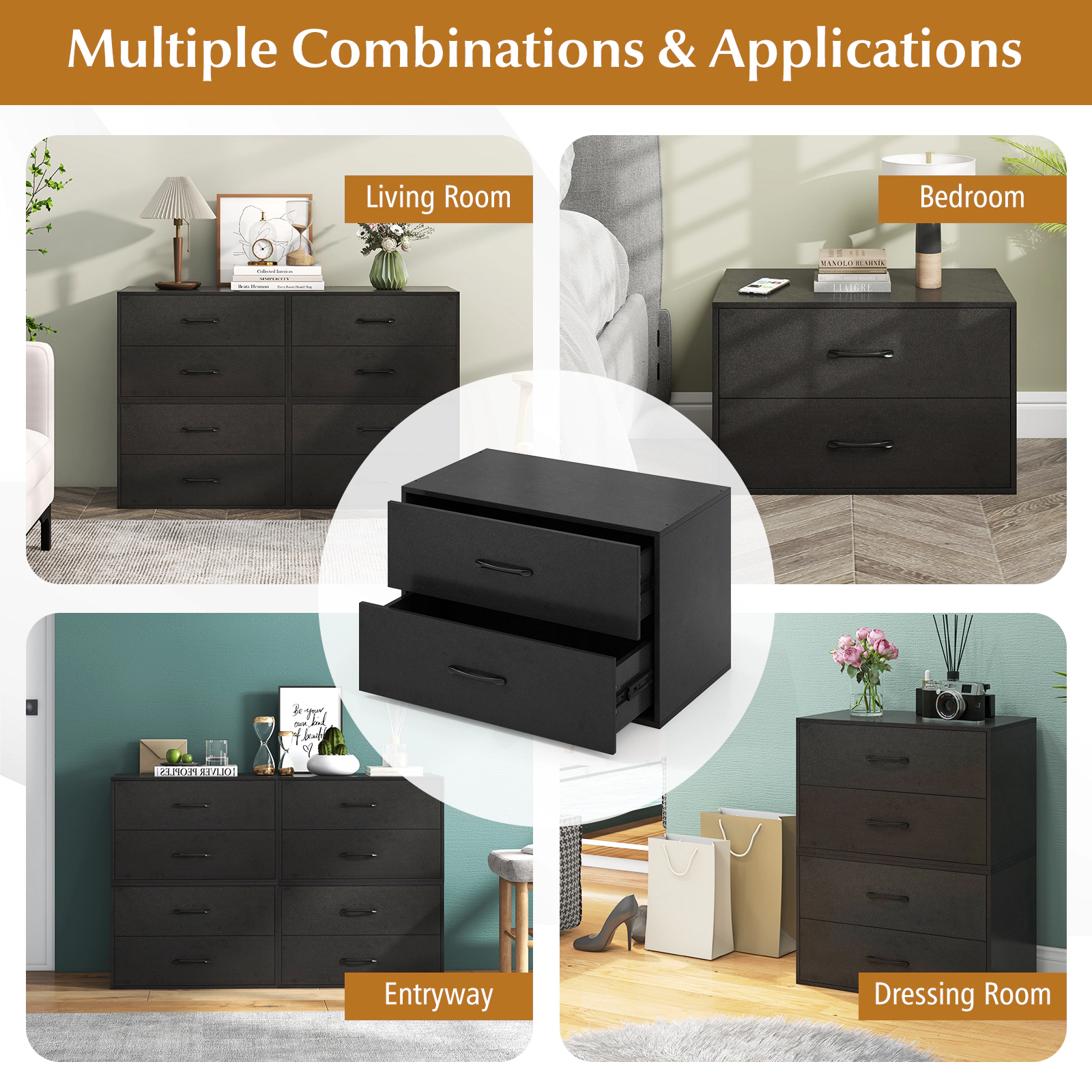 SUGIFT 24-Inch Black 2-Drawer Stackable Closet Dresser Chest