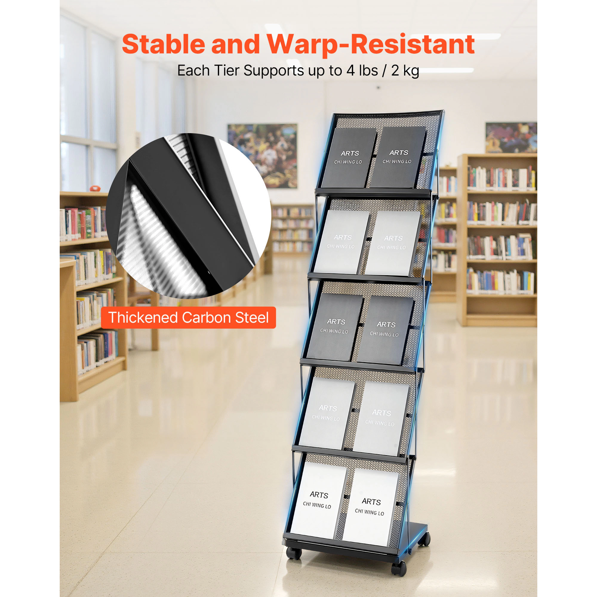 HONGGE Brochure Display Rack, Magazine Literature Stand, Movable Floor Standing Rack with Wheels