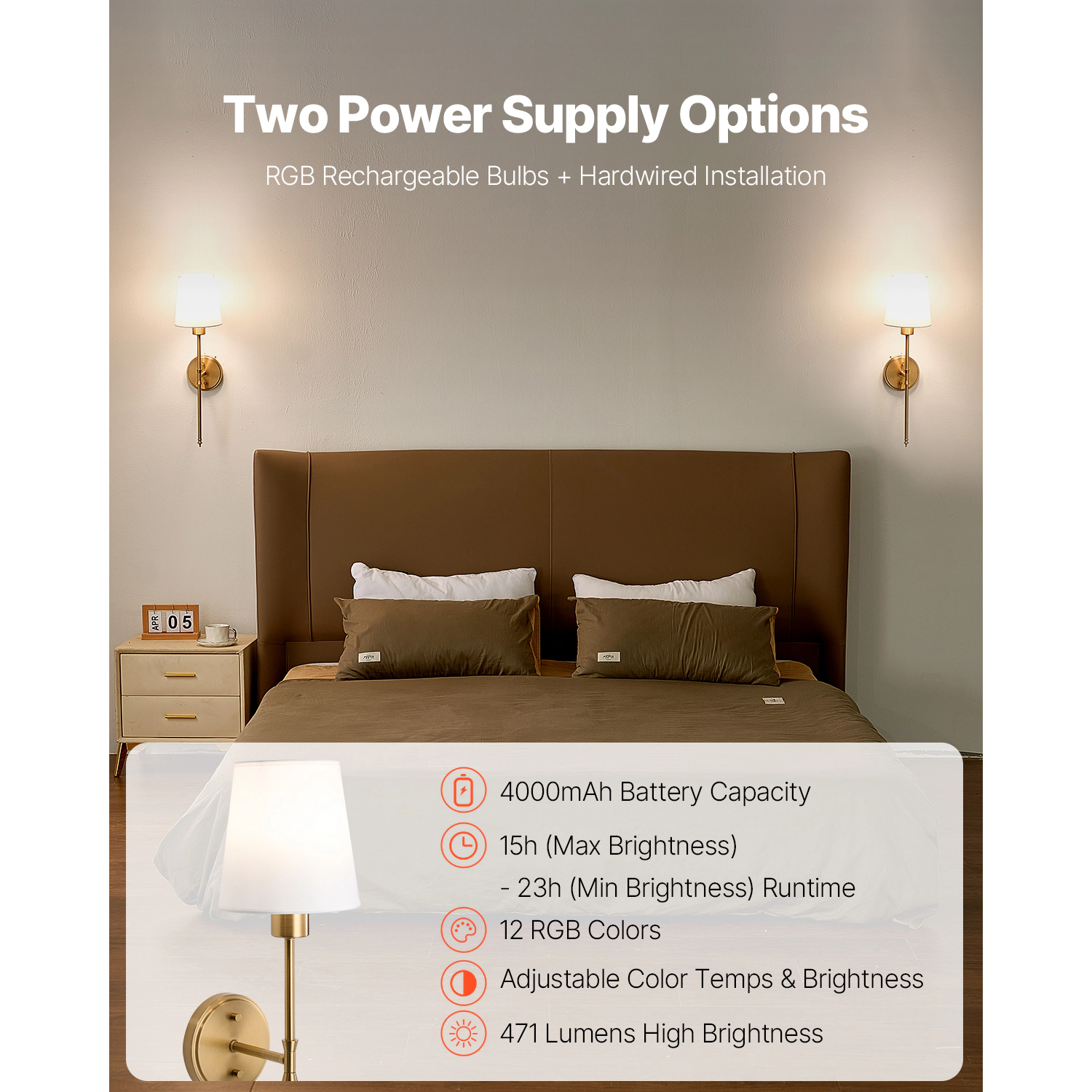HONGGE Battery Operated Wall Rechargeable Wireless Lights with Remote Control & Timer Dimmable