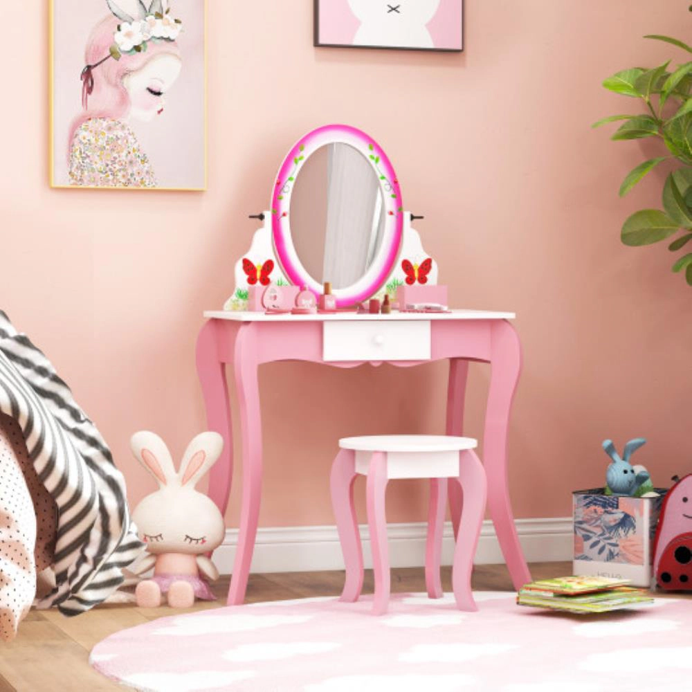 Hivvago Kids Vanity Table And Stool Set With 360Â° Rotating Mirror And Whiteboard-Pink