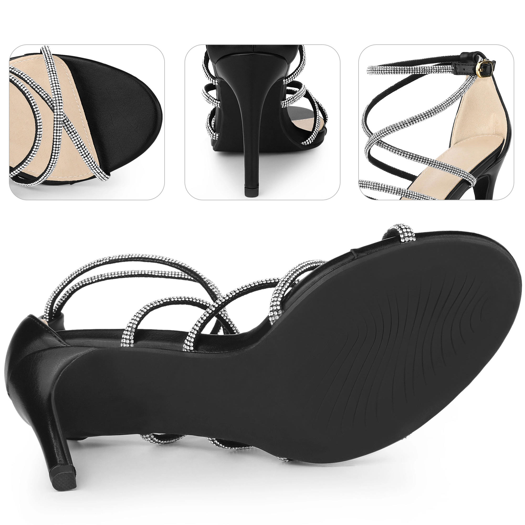 BLISSFUL STEP Women's Party Wedding Rhinestone Strappy Stiletto Heel Sandals
