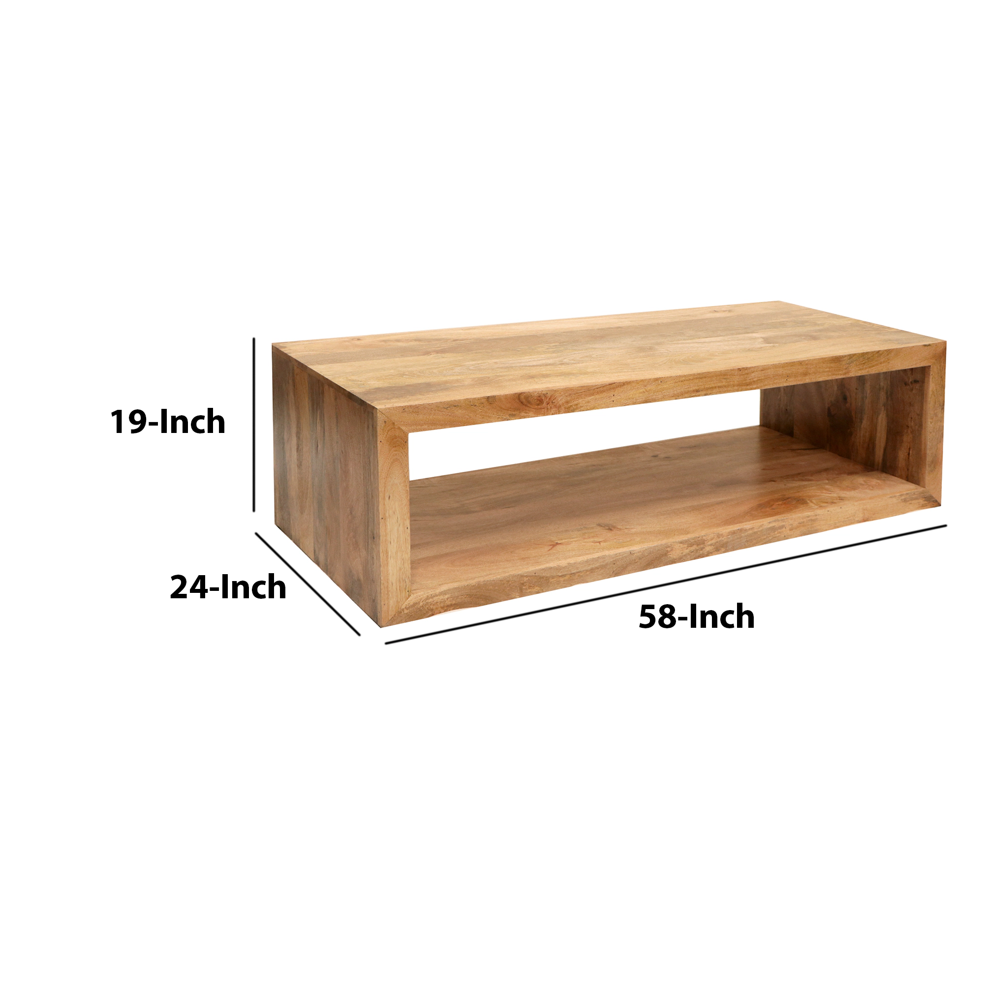 The Urban Port Keli 58 Inch Mango Wood Coffee Table, Open Cube, 1 Shelf, Natural Brown