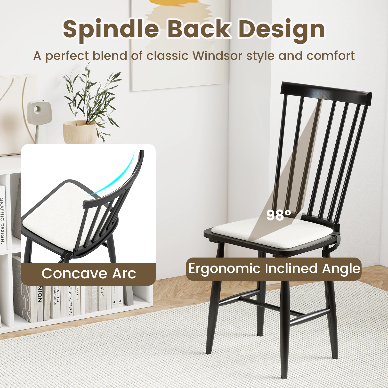 SUGIFT Set of 2 Solid Rubber Wood Windsor Dining Chairs with Removable Cushions