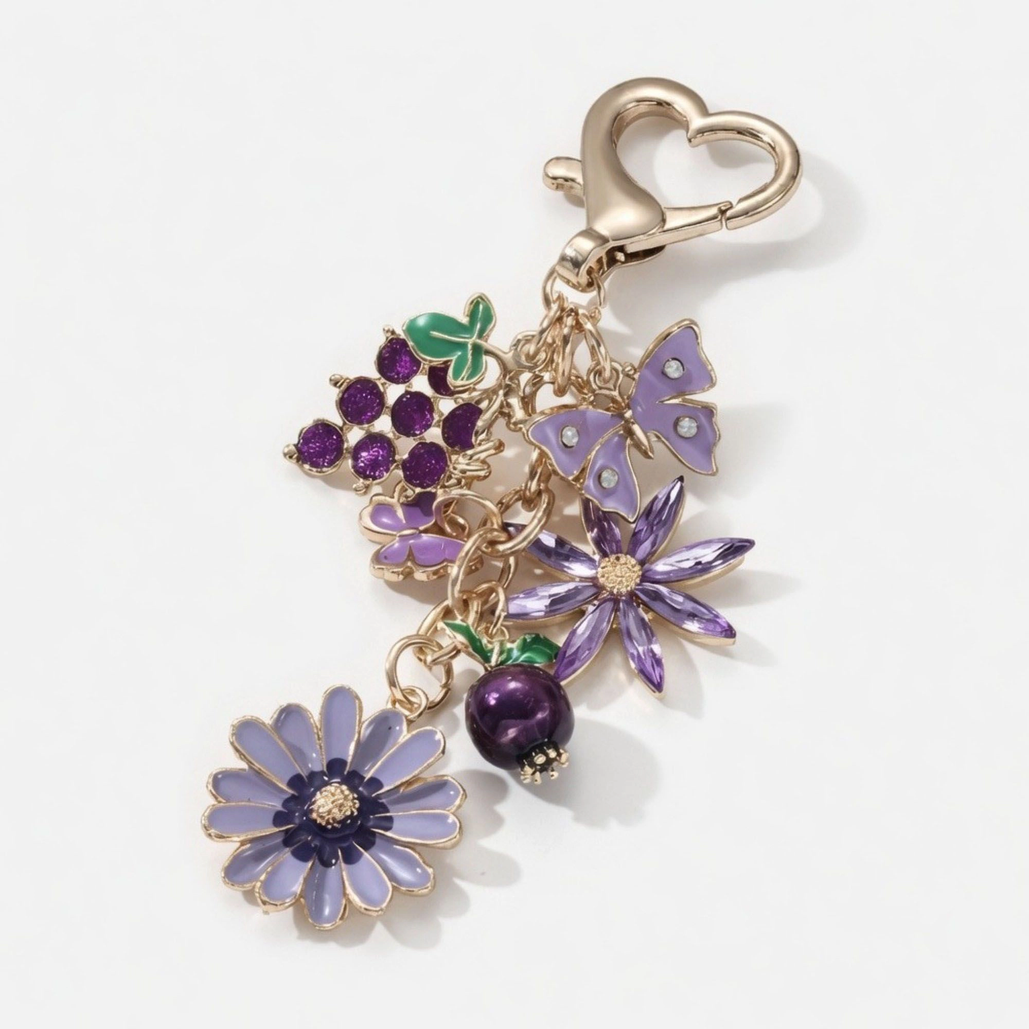 Alilang Women's Floral Charm Keychain with Heart Clip Pendant Multi Shape Metal Bag Charm Key Ring Accessory
