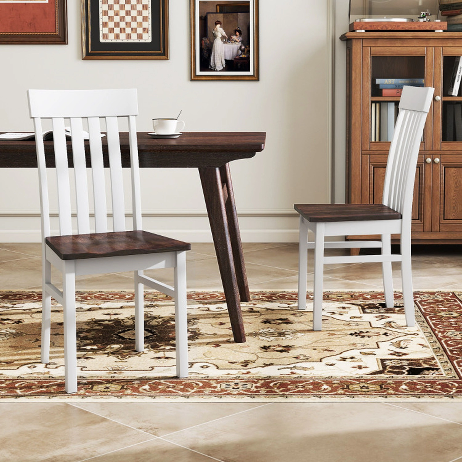 SUGIFT Set of 2 Slatted High-Back Armless Wood Dining Chairs, White and Walnut