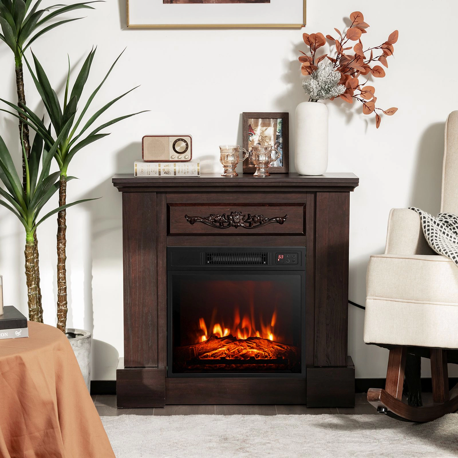 SlickBlue Brown MDF Electric Fireplace Mantel with 1400W Heater, 3D Flame, Remote Control